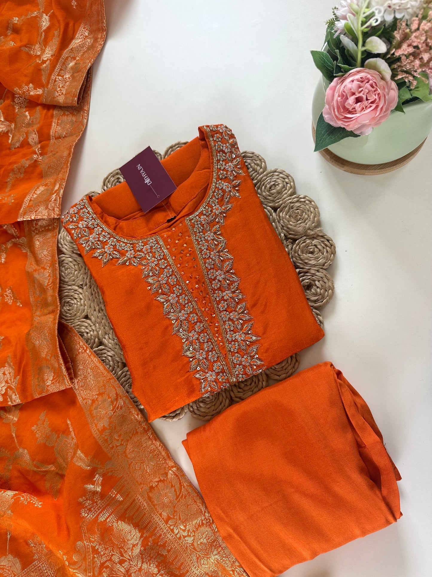 K265 - Russian silk handwork Straight kurti with straight pants and Banarasi silk dupatta .