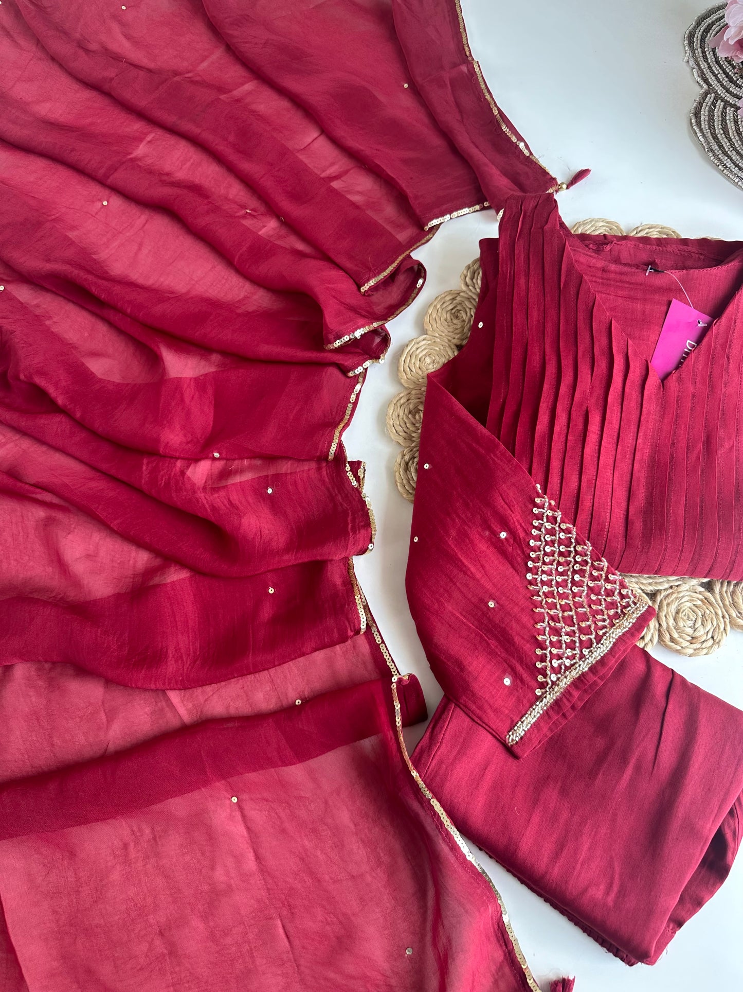 K395 - Mul Chanderi Handwork Aline Kurti with pants and dupatta