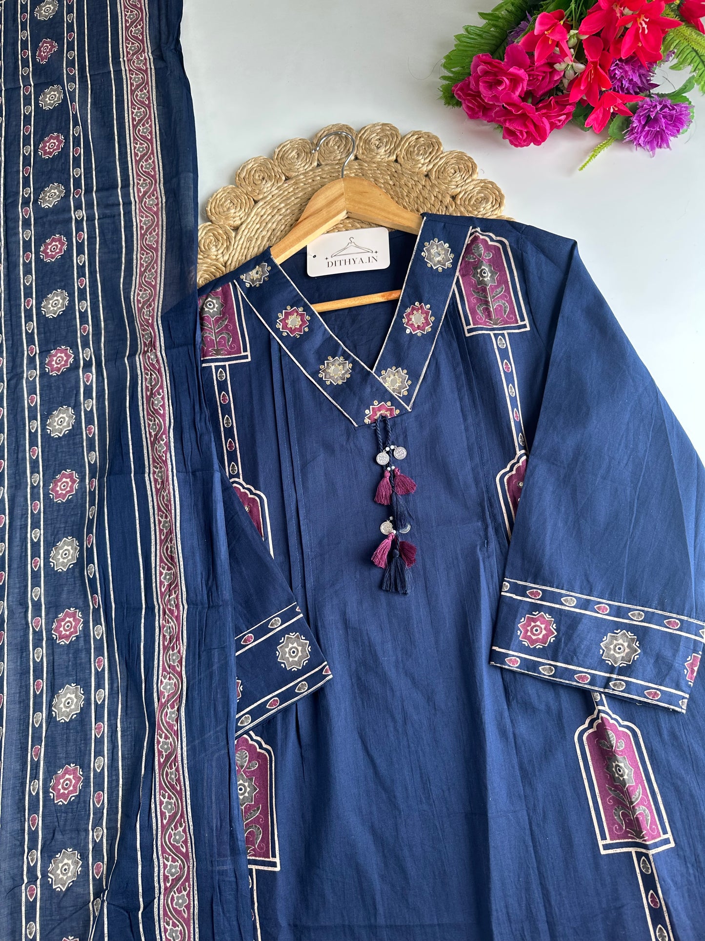 K716 - Mul cotton embroidered Aline Kurti with pants and dupatta