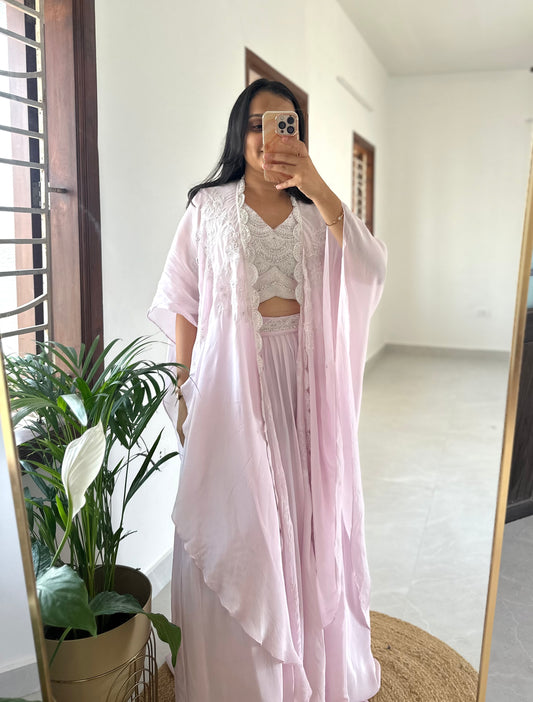K096 - Pure soft organza handwork Cape with crop top and skirt .