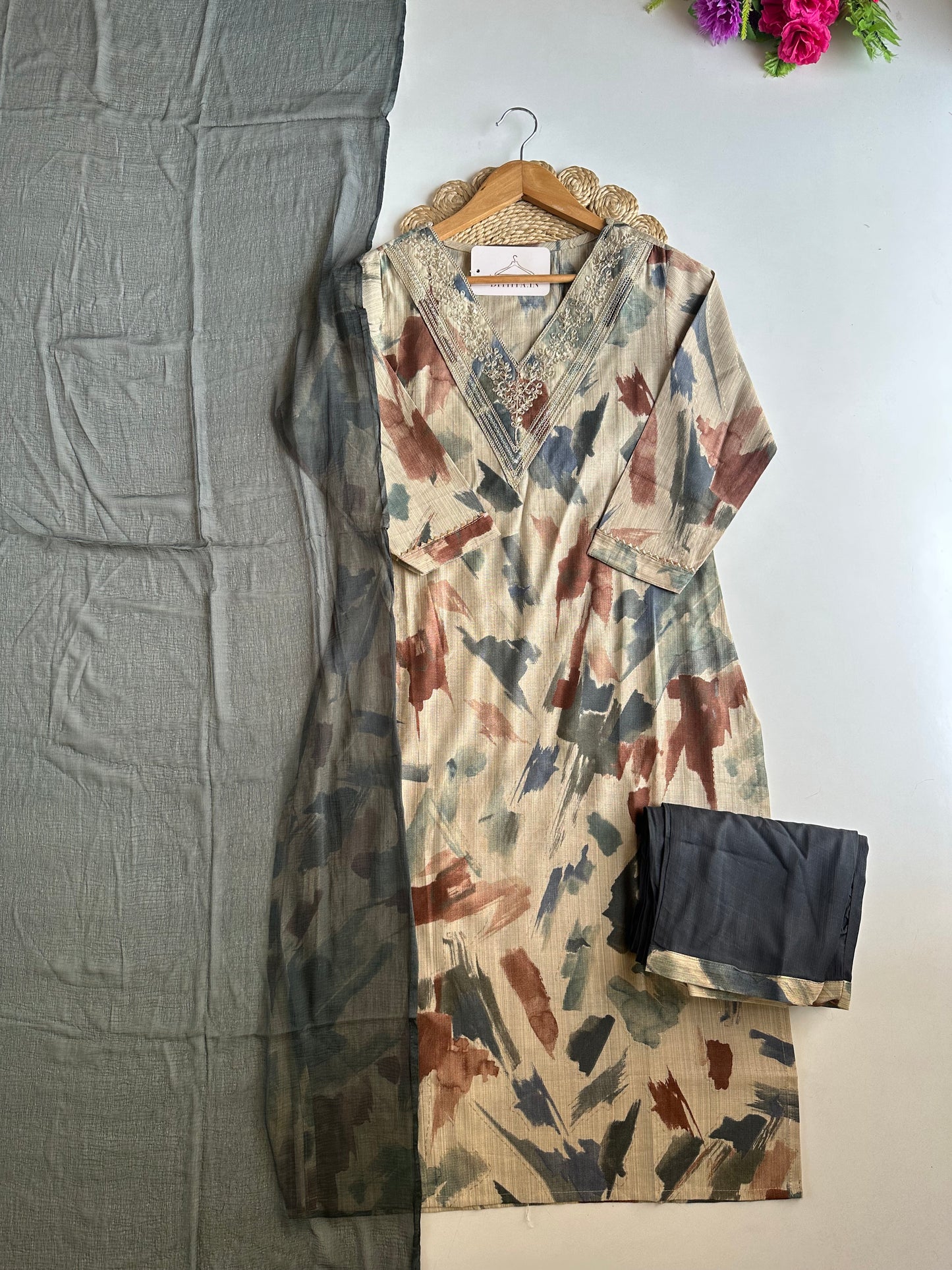 K274 - Mul muslin embroidered straight  Kurti with pants and dupatta
