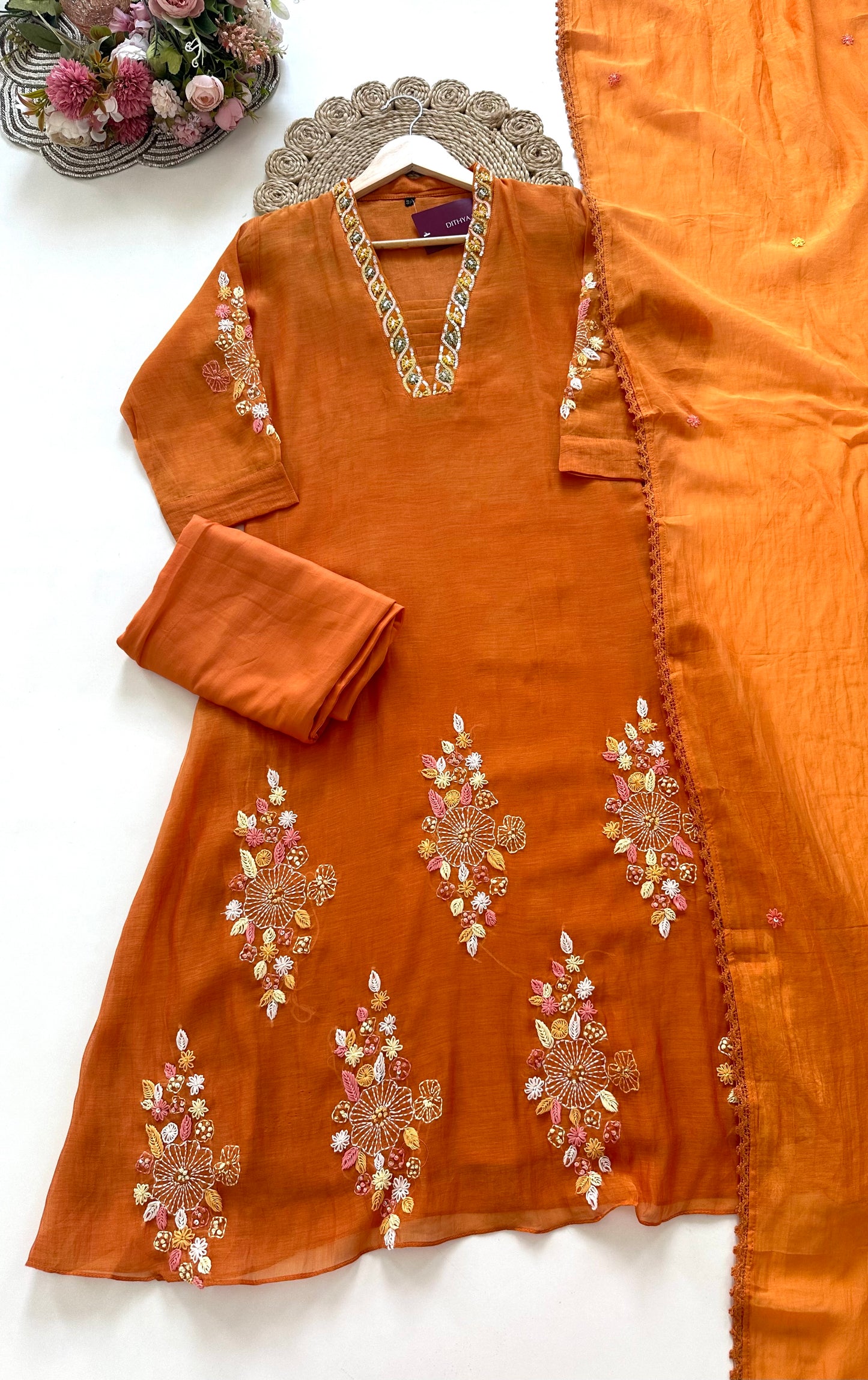 K009 - Mul Chanderi handwork Aline Kurti with pants and dupatta.