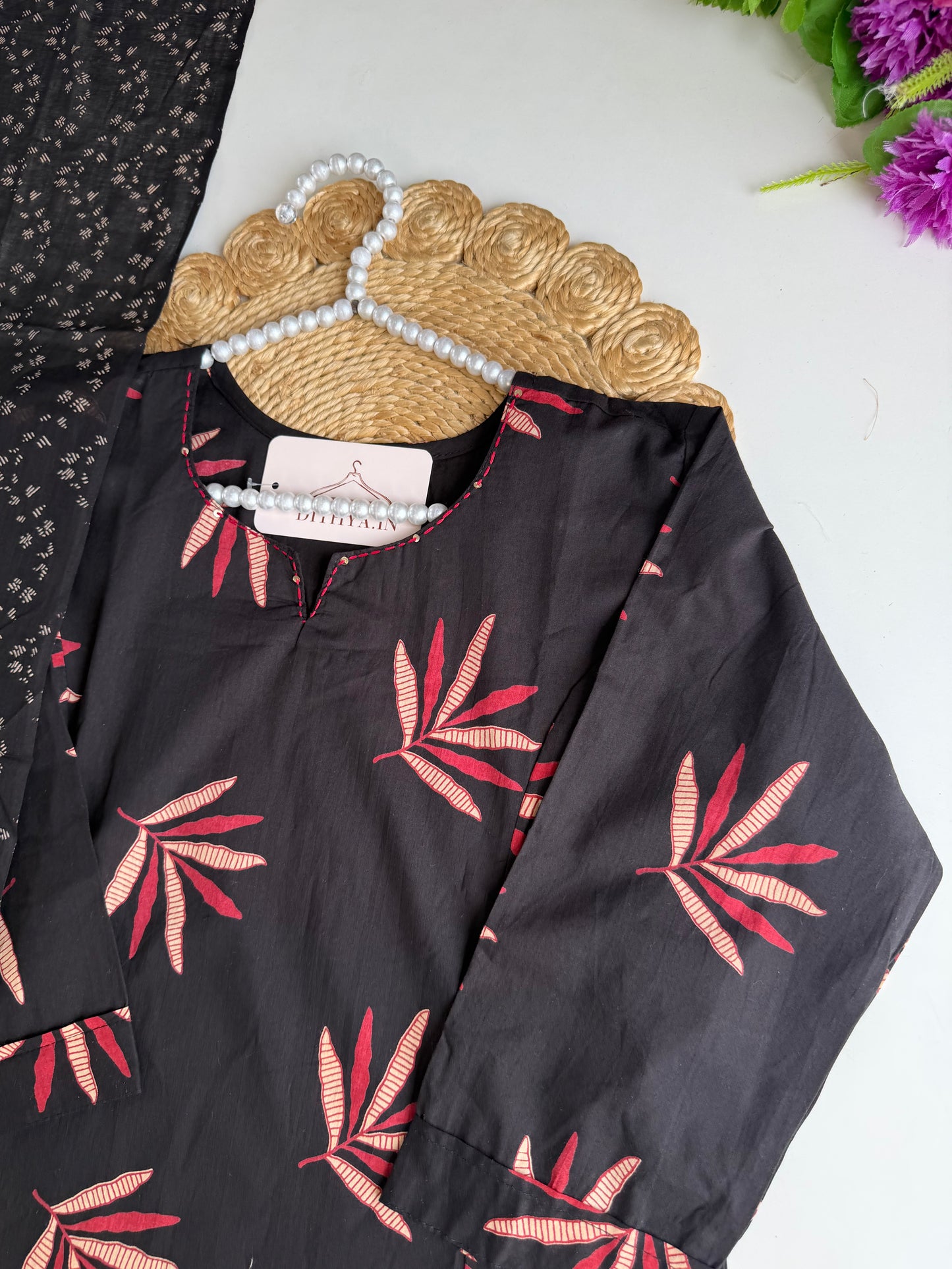 K348 - Mul cotton embroidered Aline Kurti with pants and dupatta