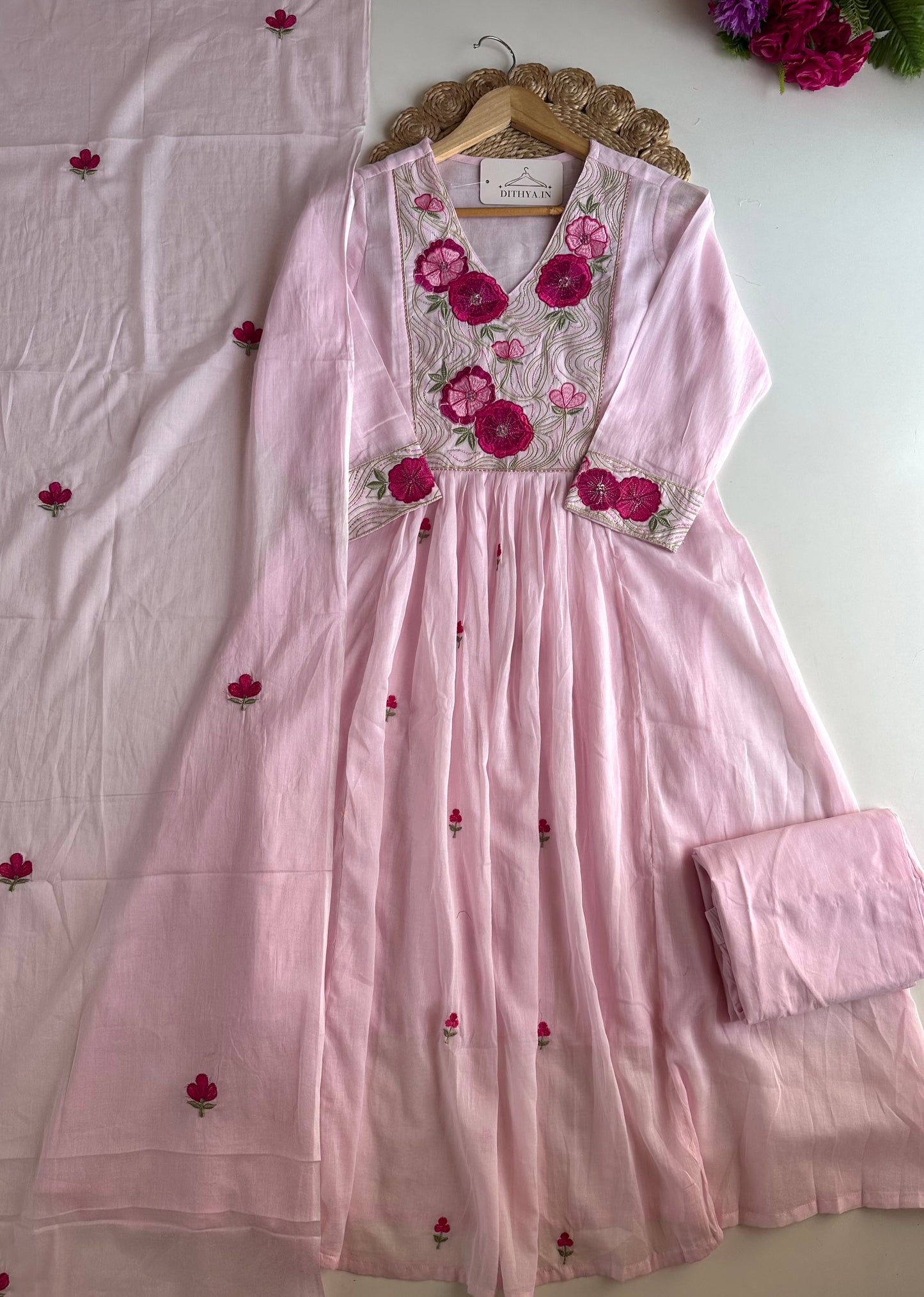 K606 - Mul cotton embroidered Anarkali with pants and dupatta