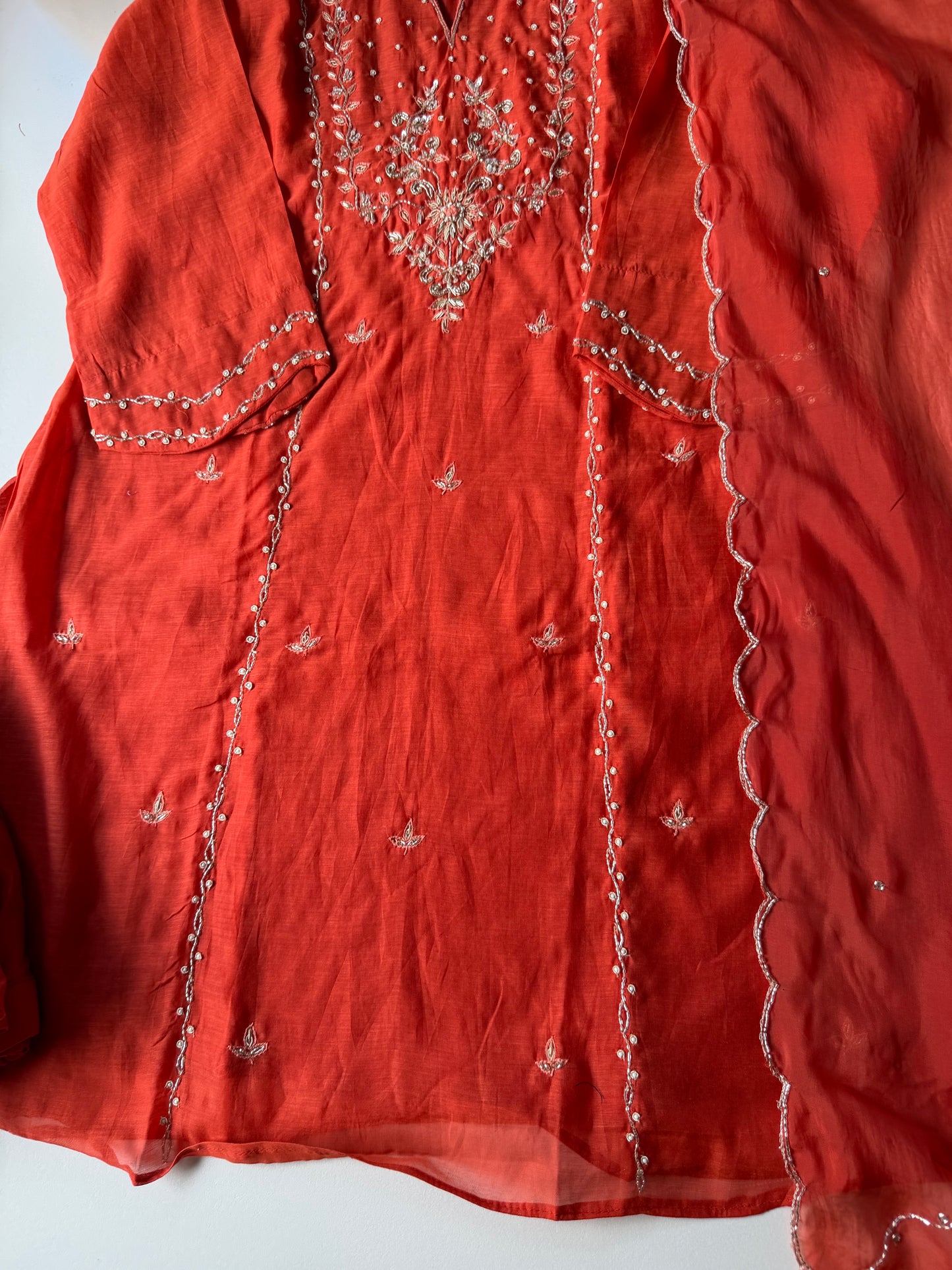 K589 - Mul chanderi handwork short Kurti with palazzo and dupatta