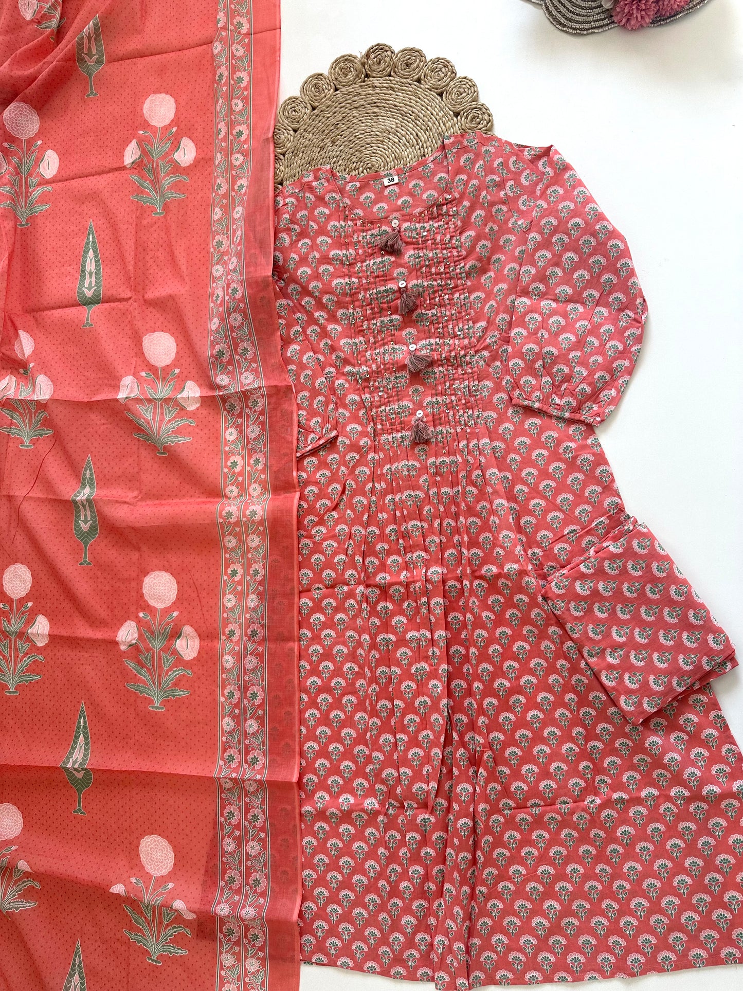 K369 - Cotton Aline Kurti with pants and dupatta .