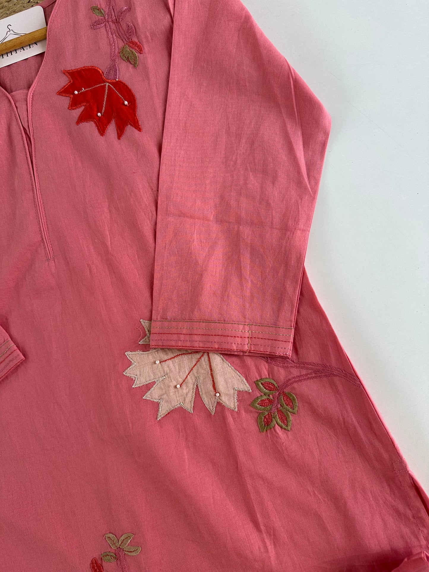 K388 - Mul cotton appliqué Aline Kurti with pants and dupatta