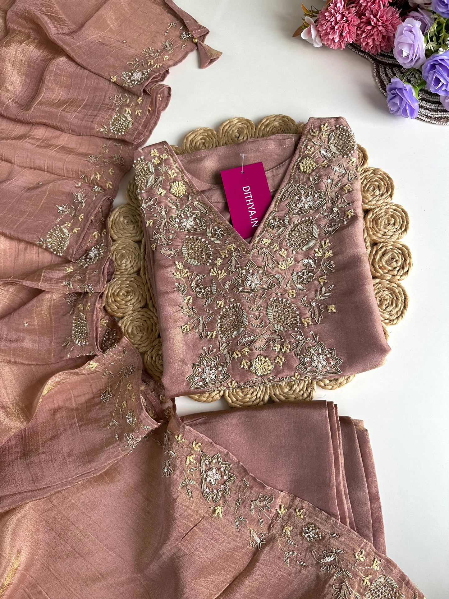 K060 - Tissue silk handwork straight kurti with pants and crushed dupatta