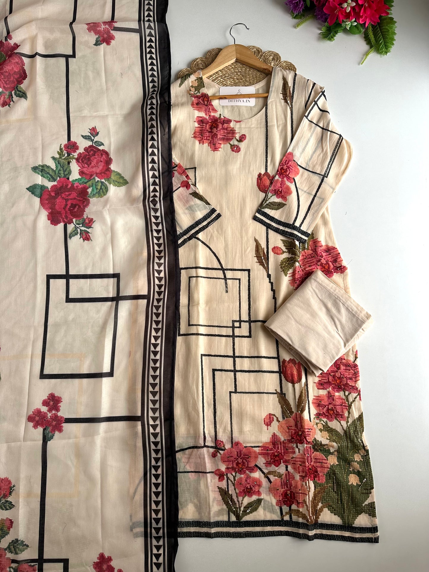 K694 - Mul cotton printed straight Kurti with pants and dupatta