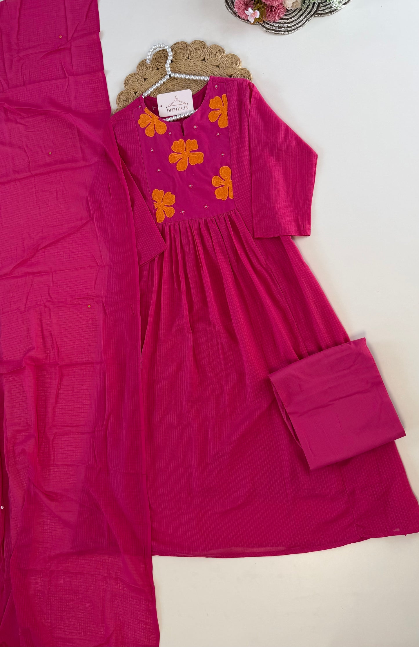 K634 - Mul cotton embroidered Aline Kurti with pants and dupatta