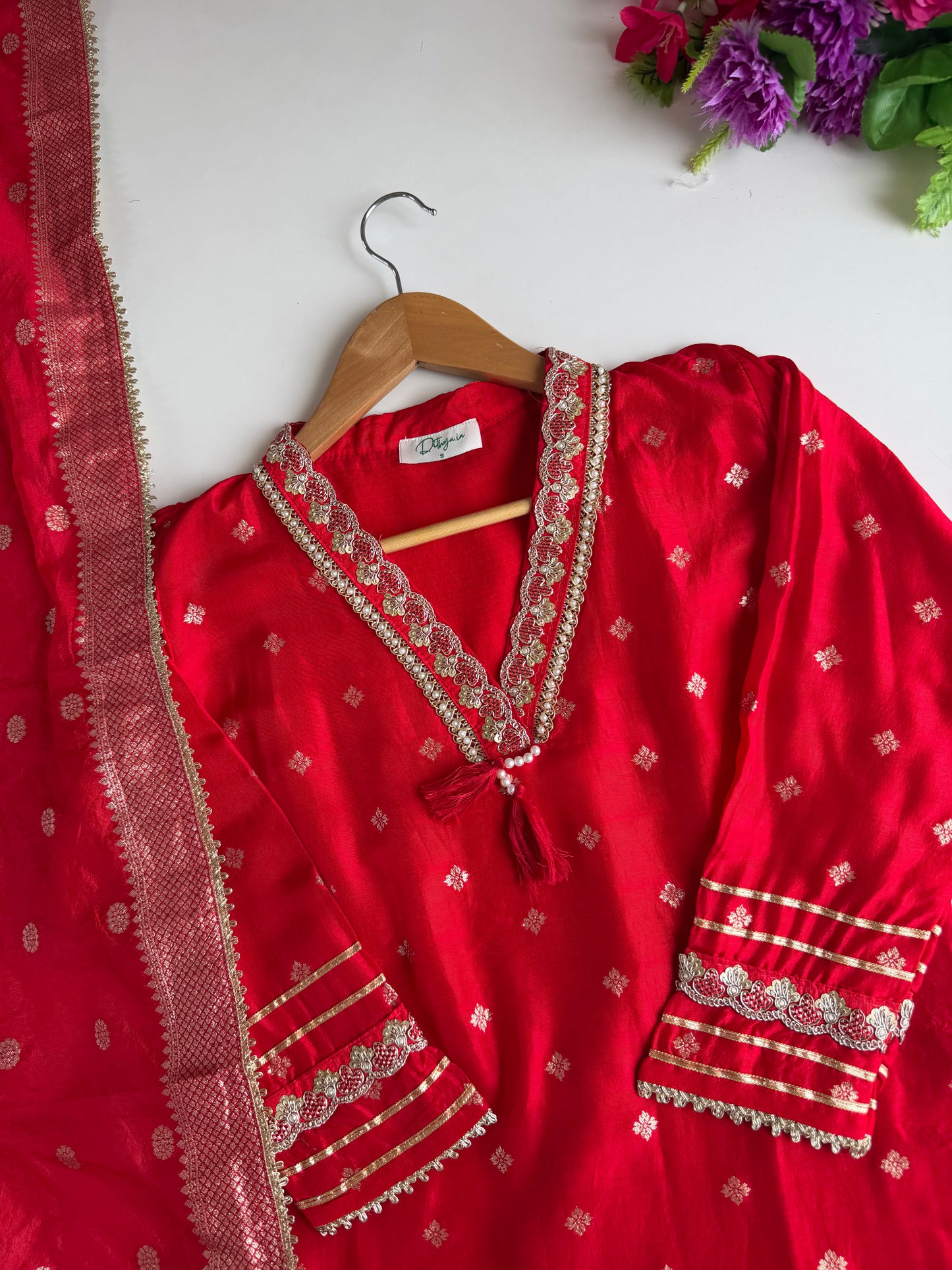 K519 - Jacquard silk straight Kurti with pants and dupatta in 2 colours