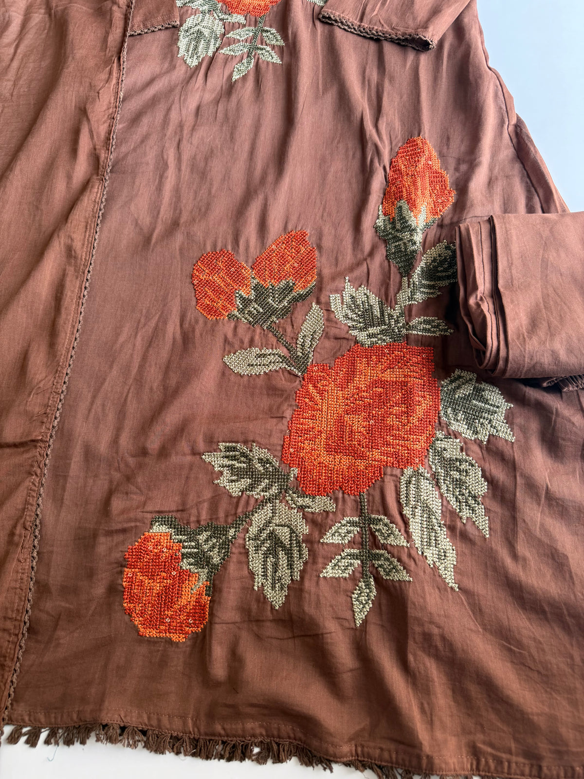 K296 - Mul cotton embroidered Aline Kurti with pants and dupatta