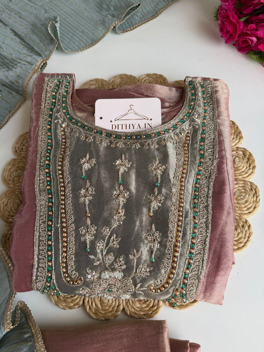 K470 - Tissue silk handwork Anarkali with pants and dupatta
