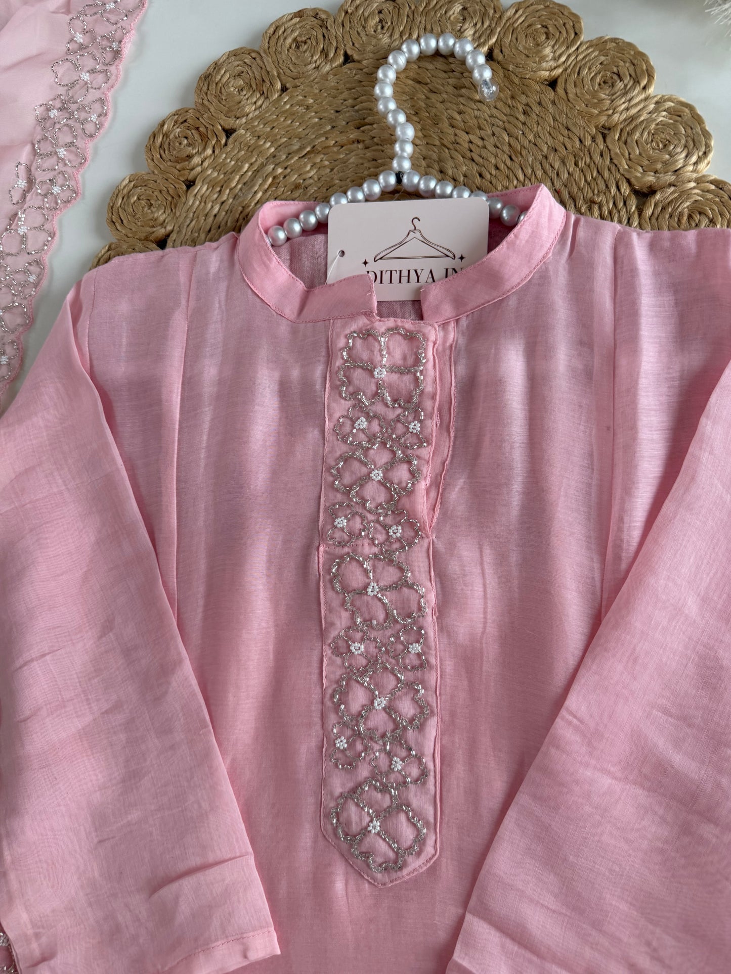 K283 - Mul chanderi handwork aline Kurti with pants and dupatta