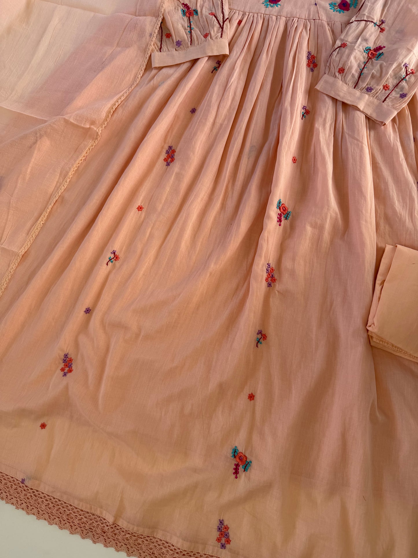 K633 - Mul cotton embroidered Anarkali with pants and dupatta