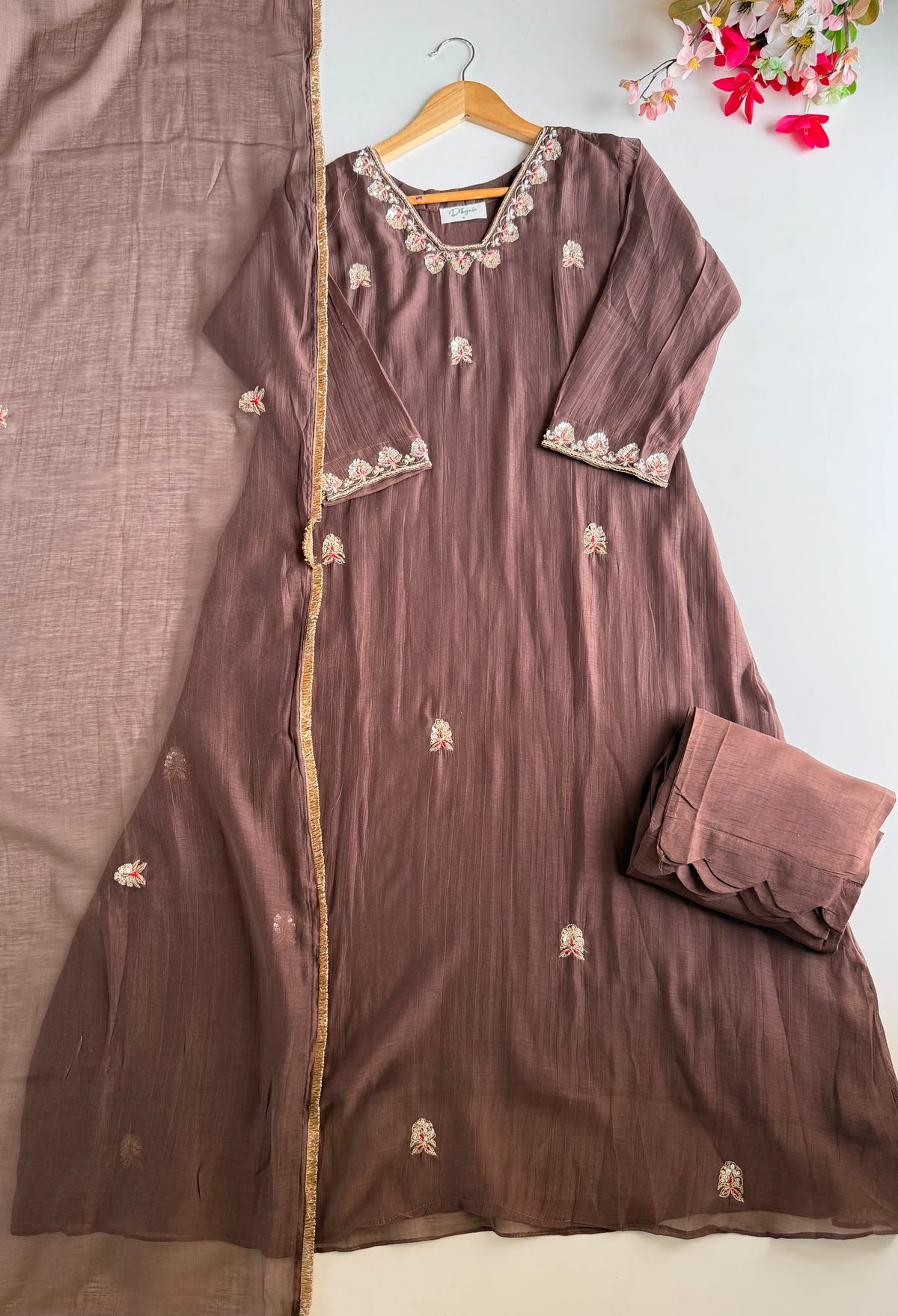 K165 - Mul chanderi handwork Aline Kurti with pants and dupatta