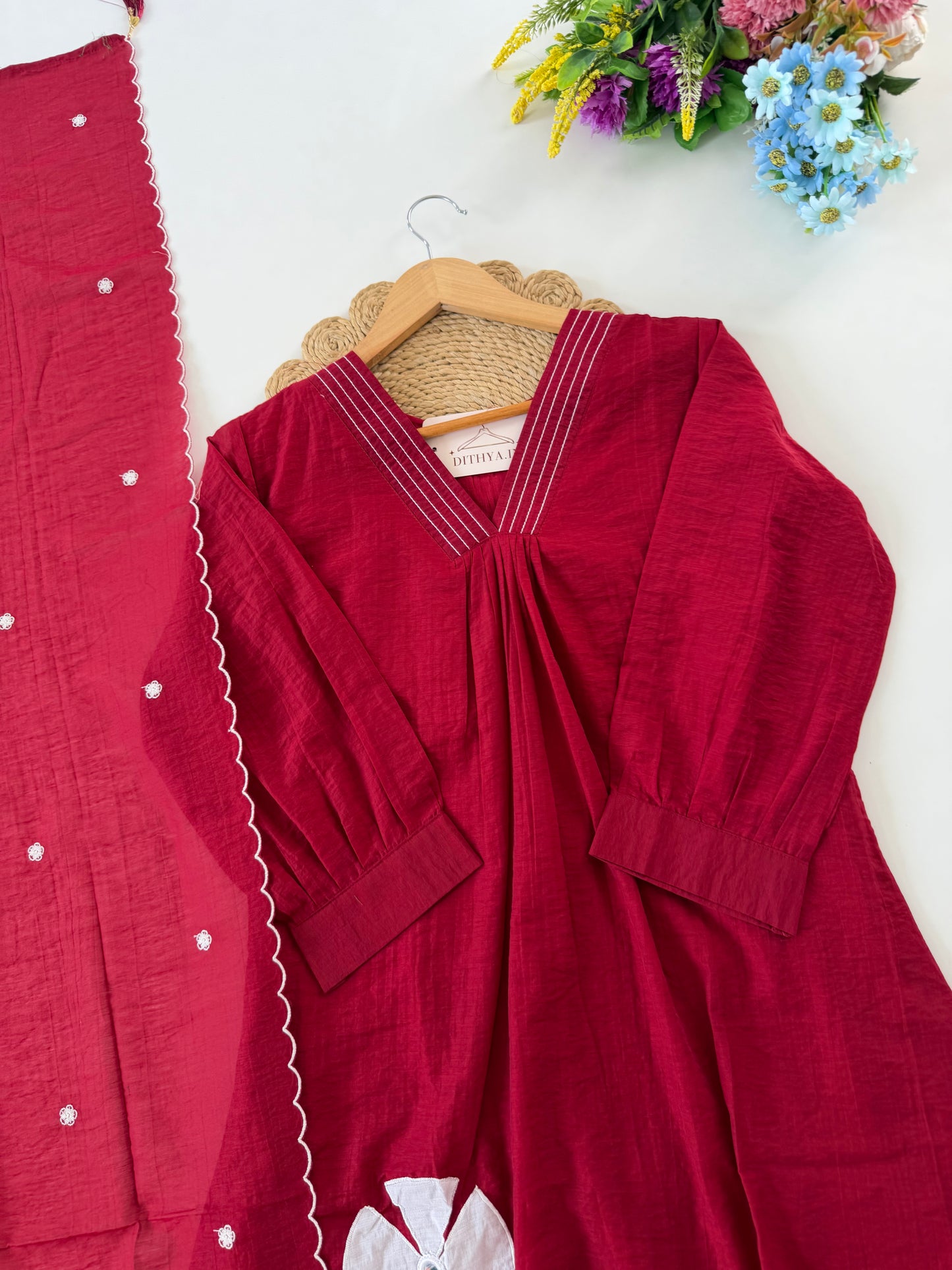 K532 - Muslin silk embroidered Aline Kurti with pants and dupatta in 2 colours