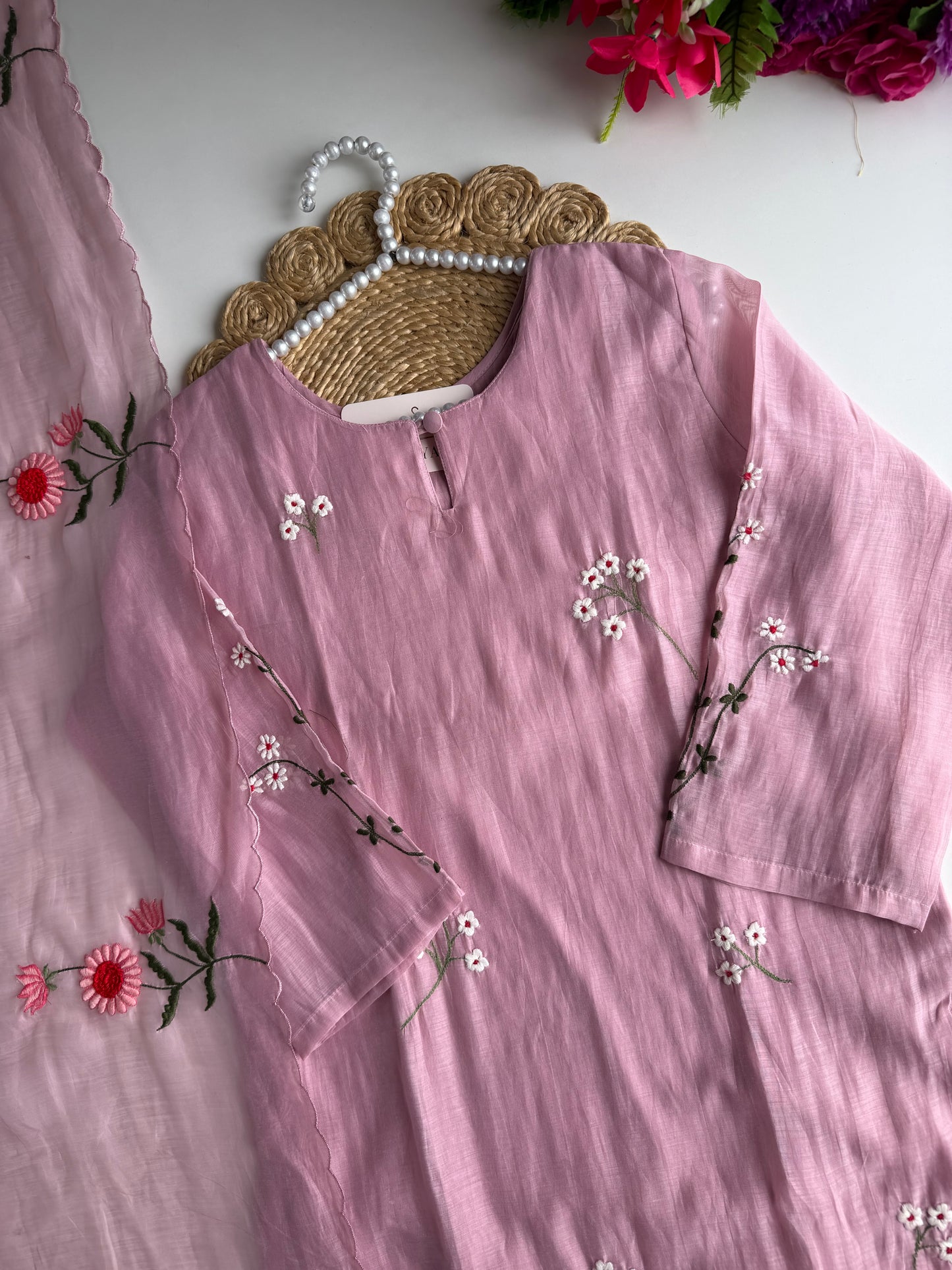 K632 - Mul Chanderi 3D appliqué work straight Kurti with pants and dupatta