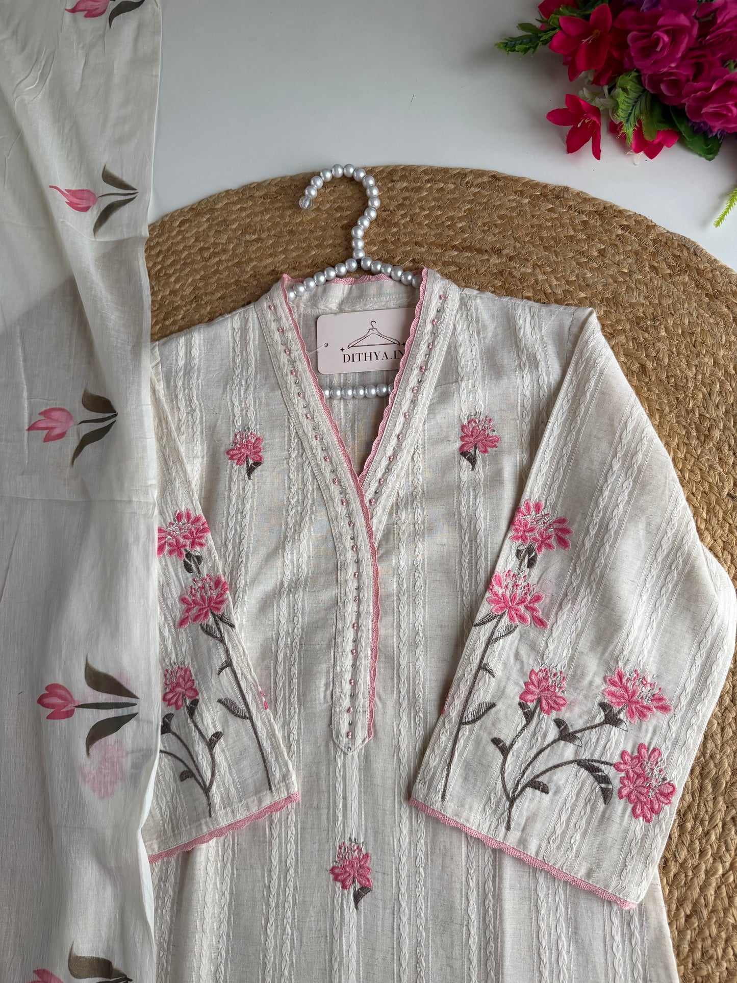 K119 - Linen cotton embroidered straight Kurti with pants and dupatta