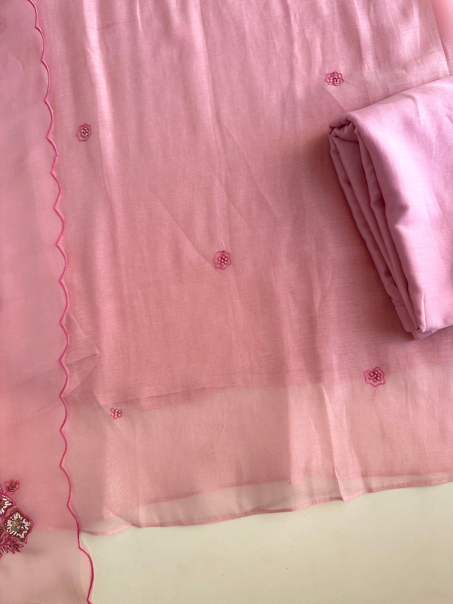 K420 - Mul Chanderi handwork Aline Kurti with pants and dupatta