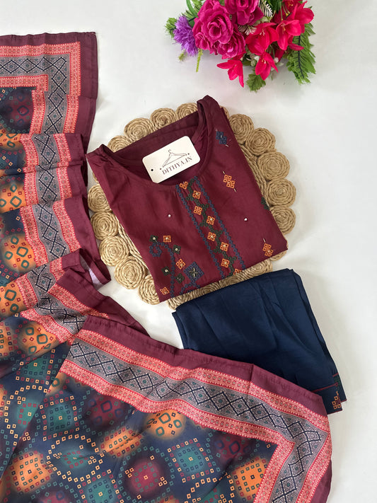 D537-Cotton straight Kurti with pants and dupatta