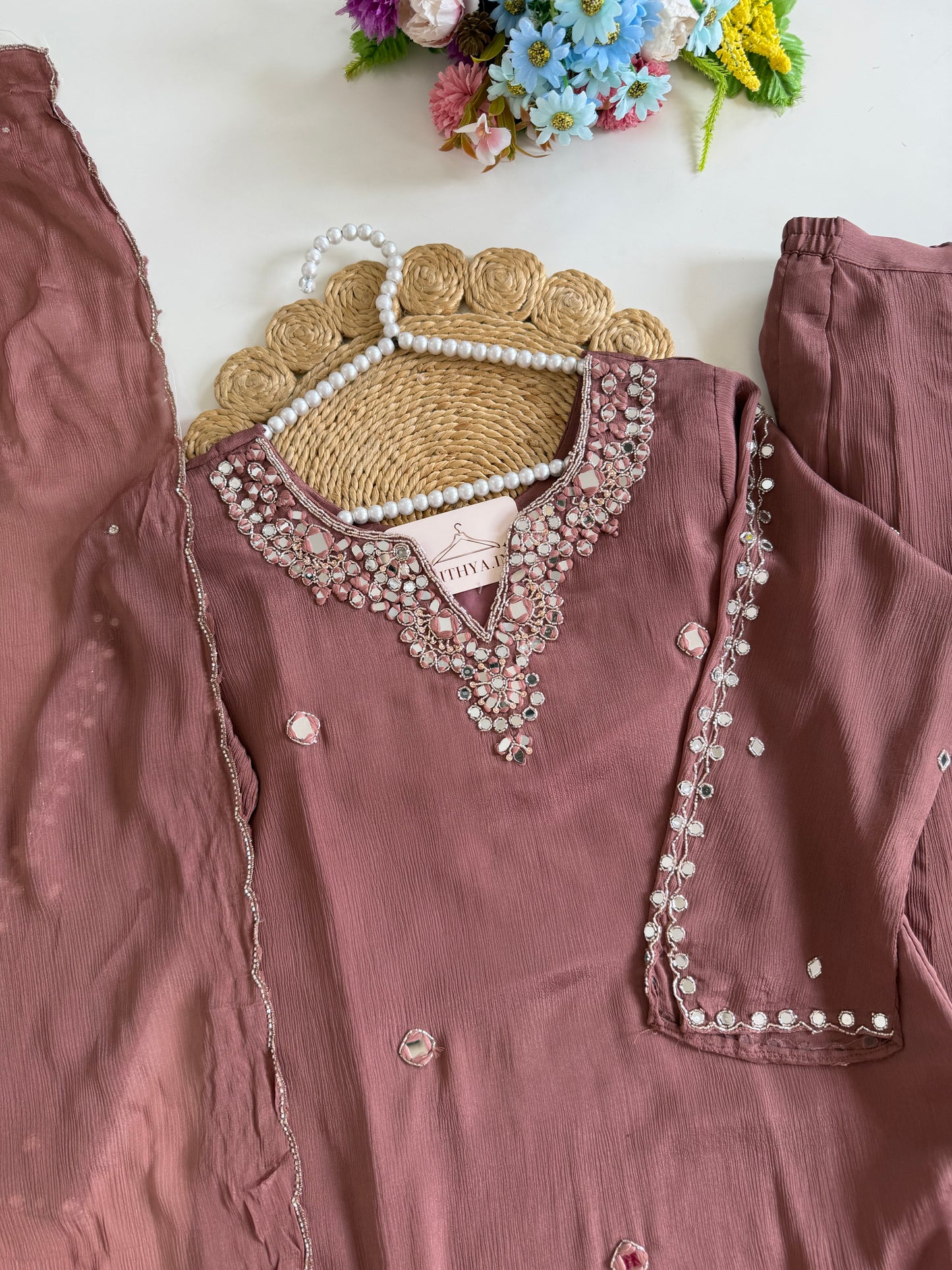 K204 - Pure Chinnon mirror work short Kurti with divider pants and dupatta