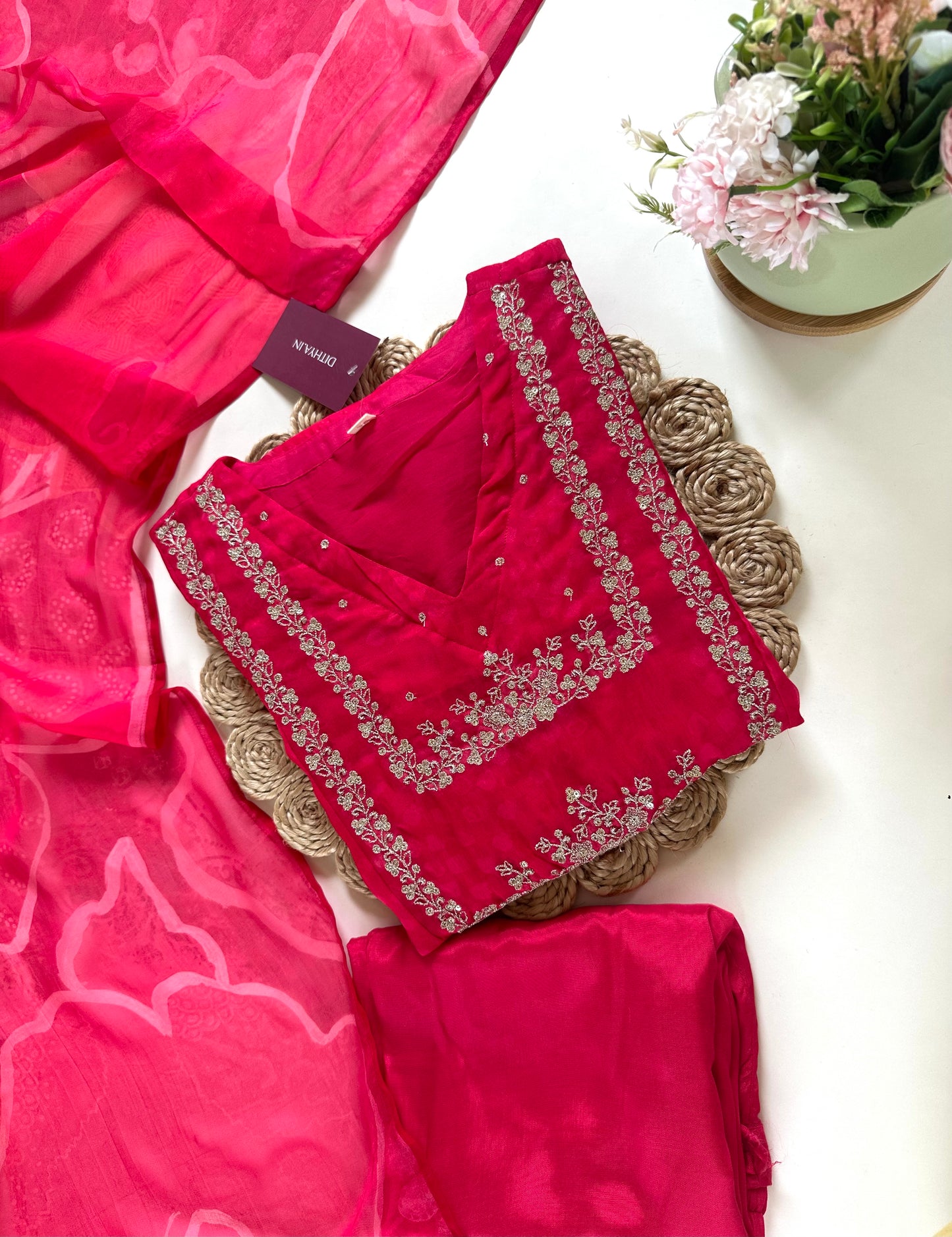 K280 - Viscose organza Zari work Aline Anarkali with pants and printed  dupatta .