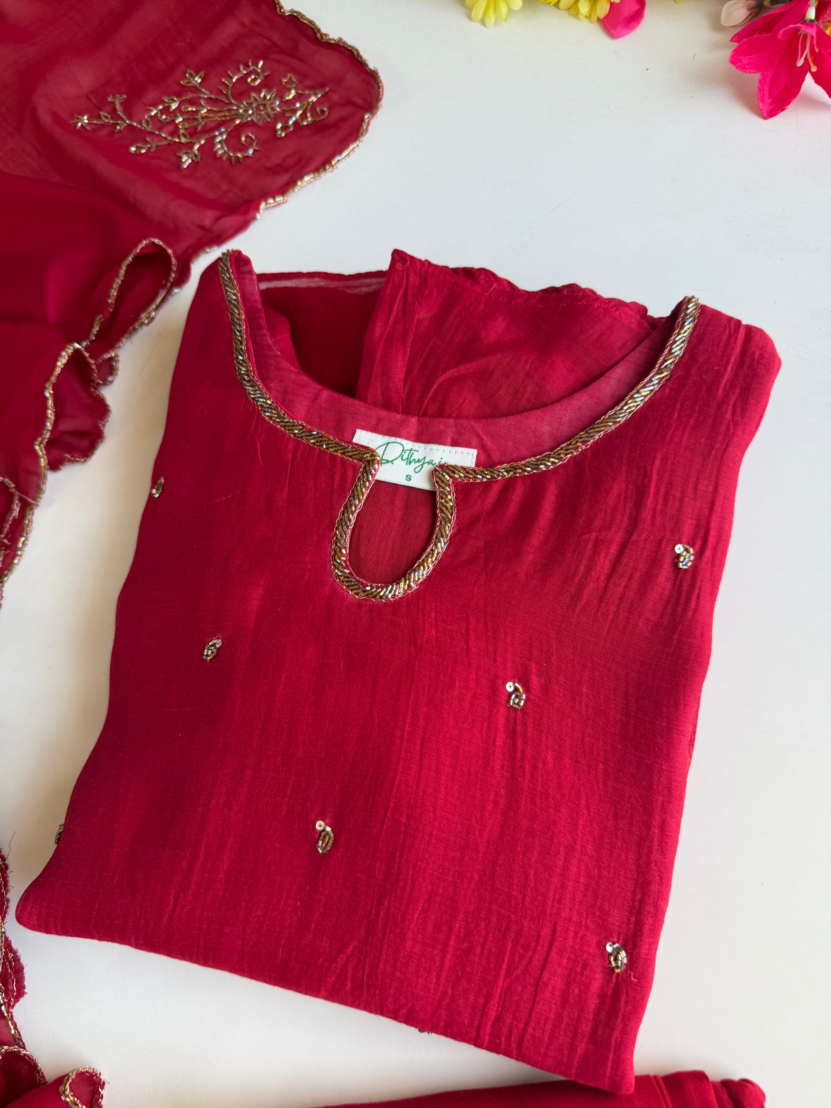K075 - Pure Banarasi Mul chanderi handwork aline Kurti with pants and dupatta