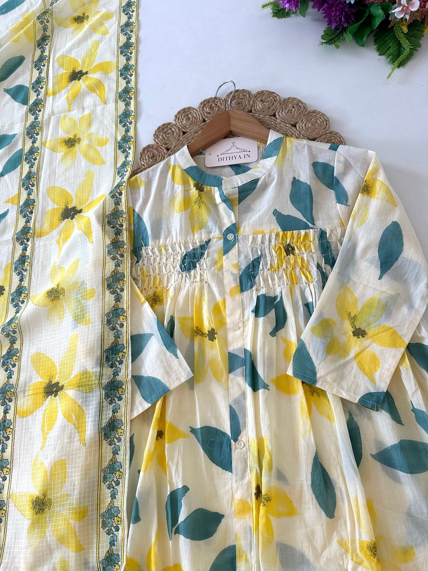 K258 - Mul cotton printed Anarkali with pants and dupatta