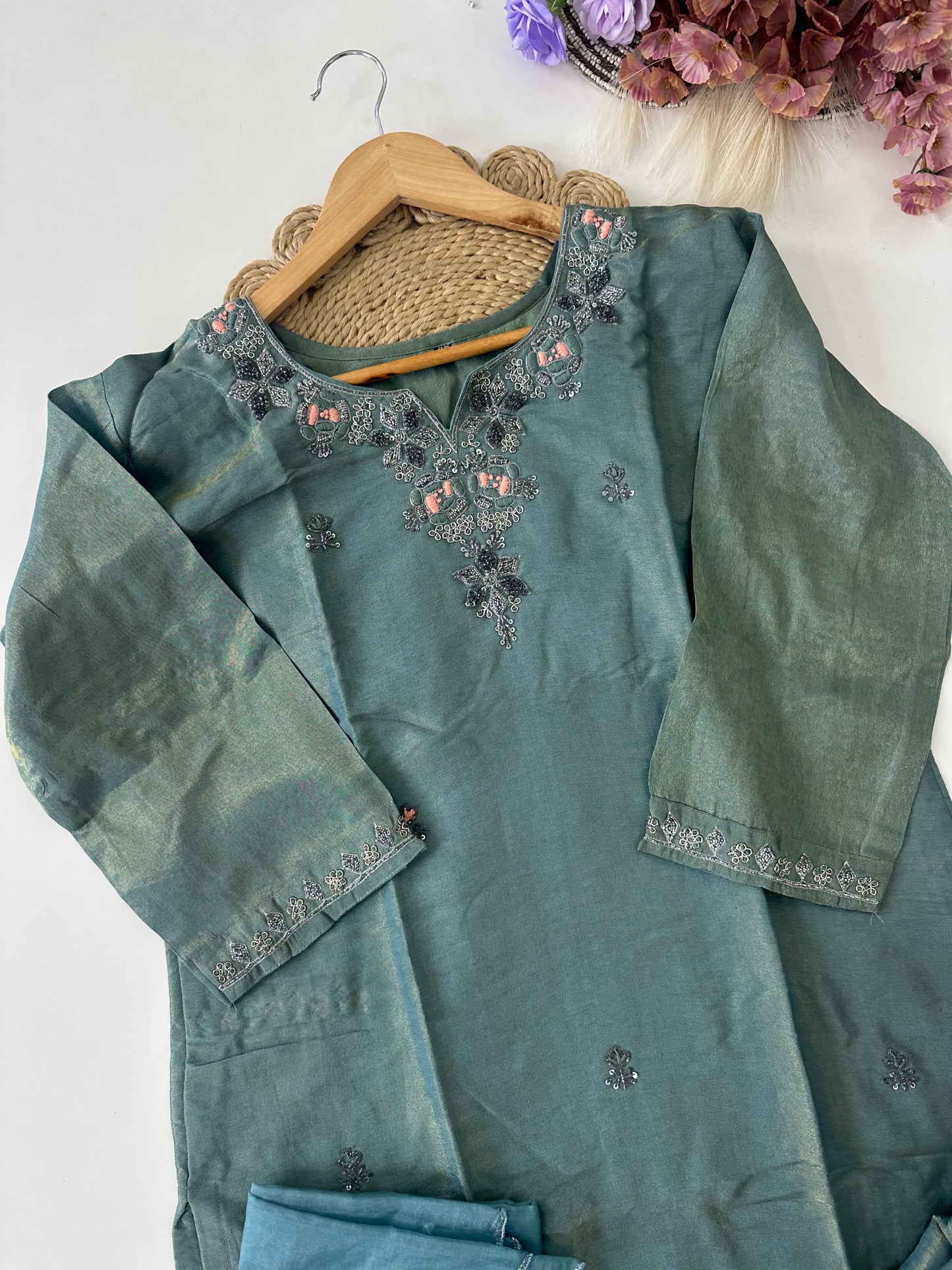 D213 - Tissue silk straight kurti with pants and dupatta