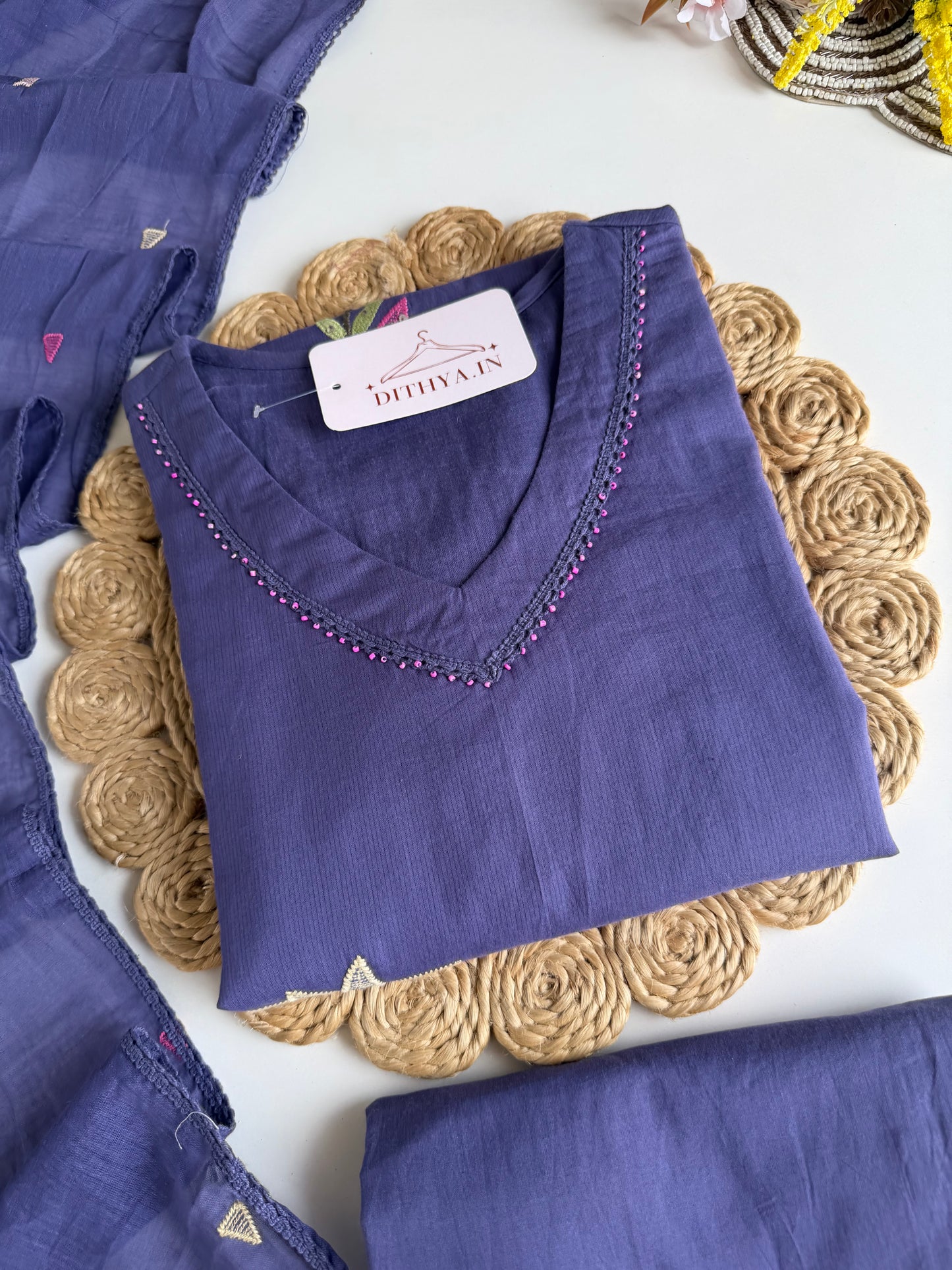 K688 - Mul cotton embroidered straight Kurti with pants and dupatta