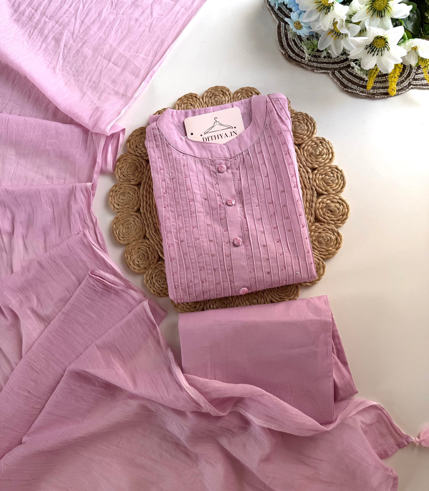 K446 - Mul cotton appliqué work aline Kurti with pants and dupatta