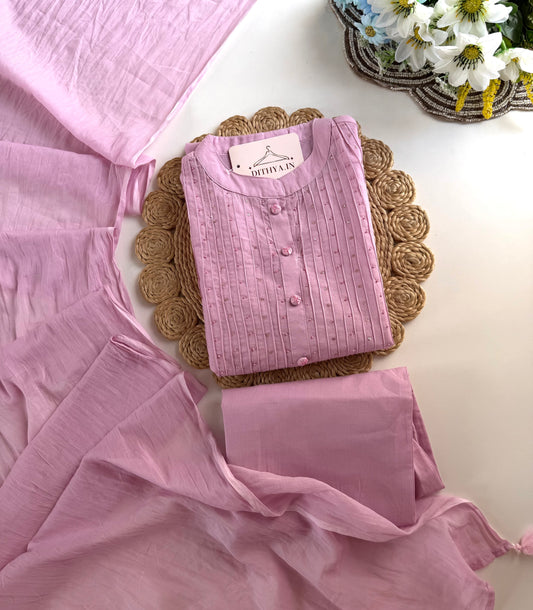 K446 - Mul cotton appliqué work aline Kurti with pants and dupatta