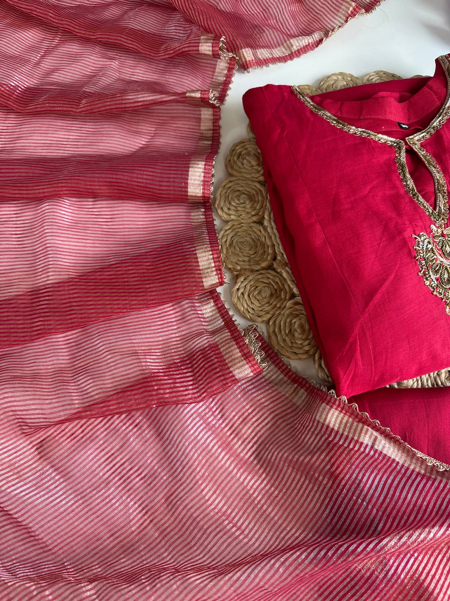 K035 - Mul Chanderi Handwork Aline Kurti with pants and dupatta in 2 colours