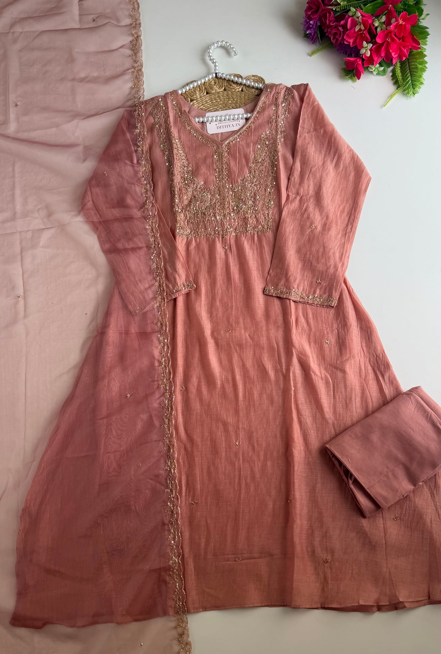 K372 - Mul chanderi handwork aline Kurti with pants and dupatta
