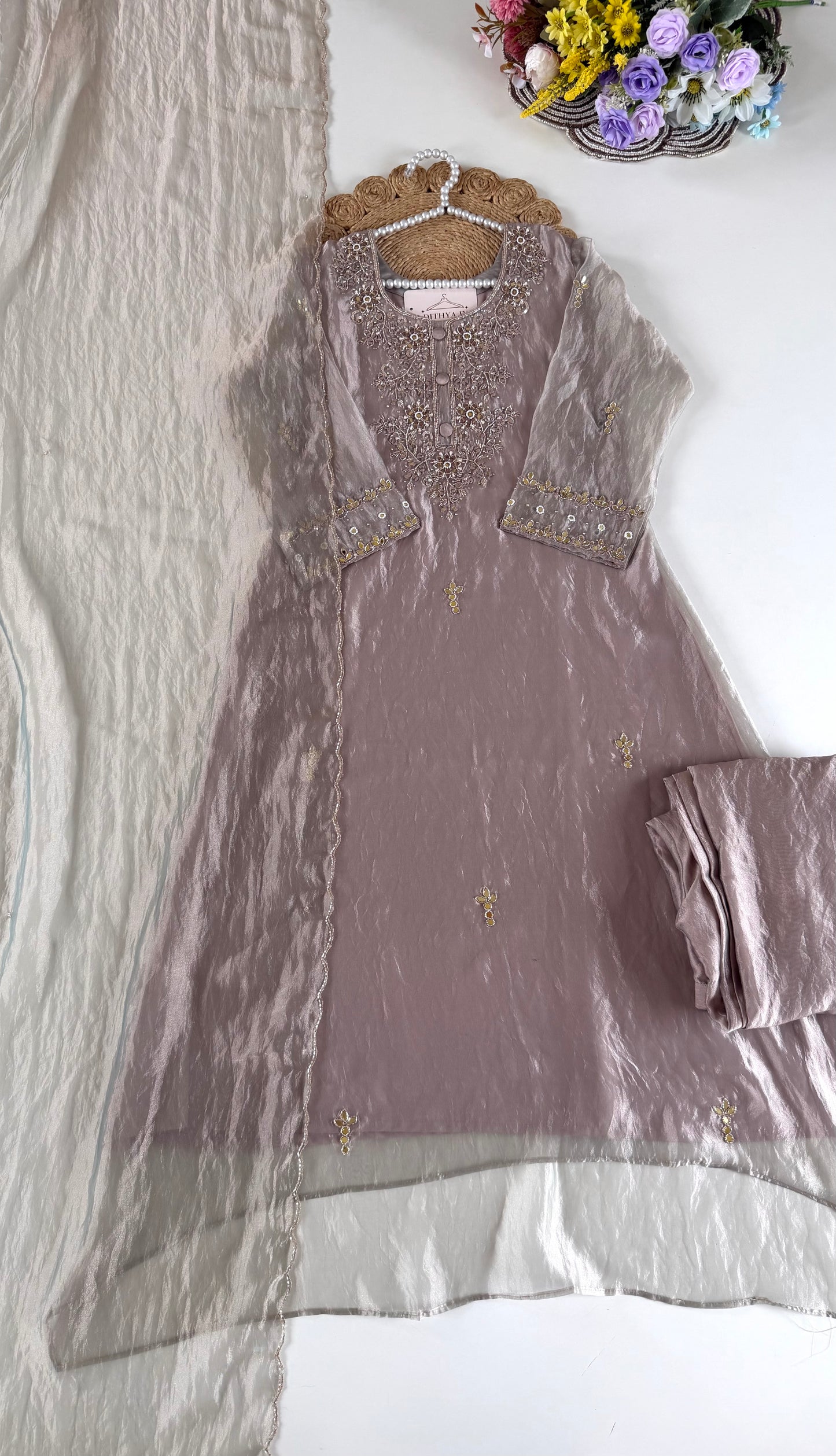 K615 - Glass Tissue handwork Anarkali with pants and dupatta