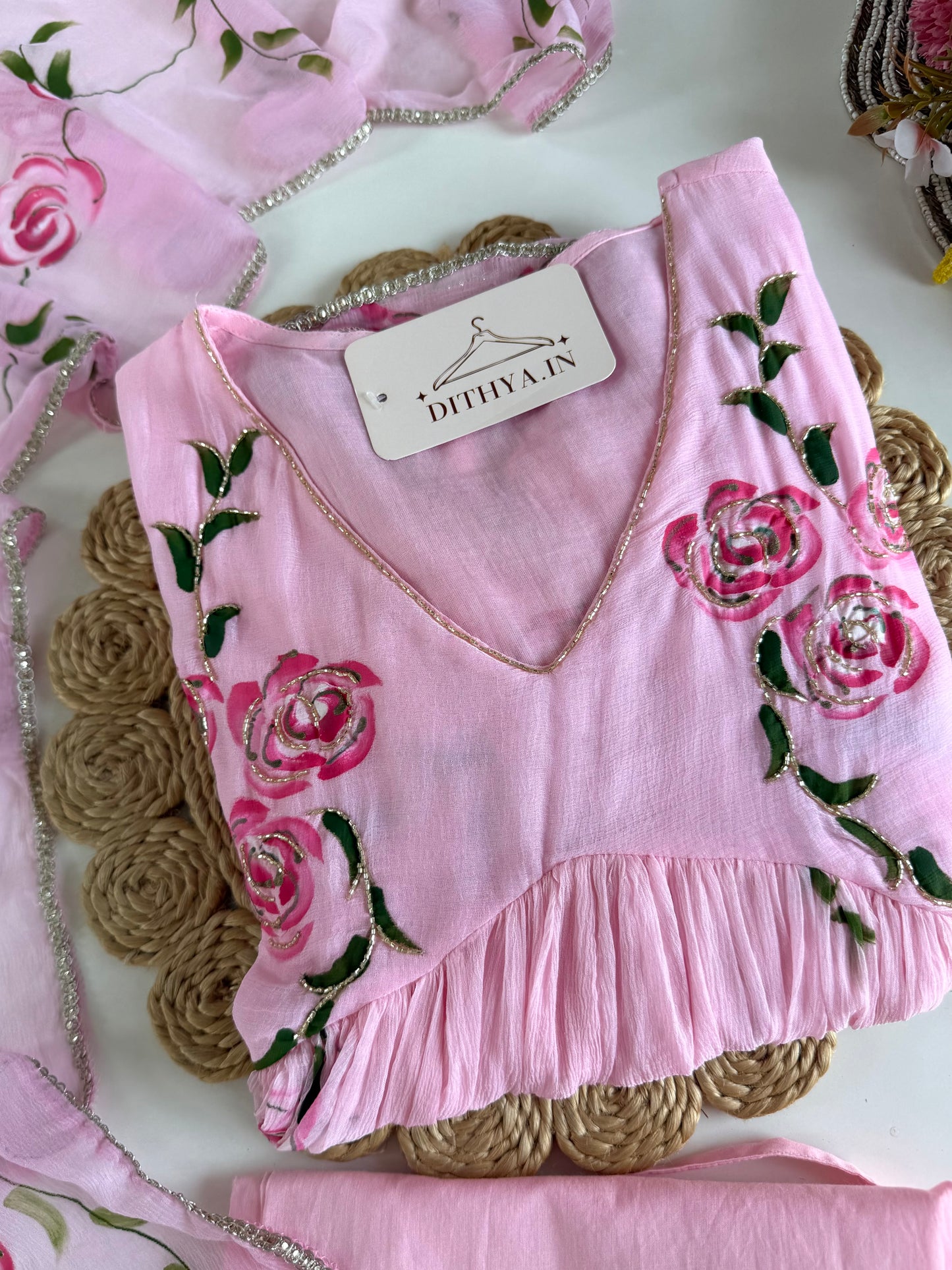 K428 - Pure Chinnon floral Anarkali with pants and dupatta