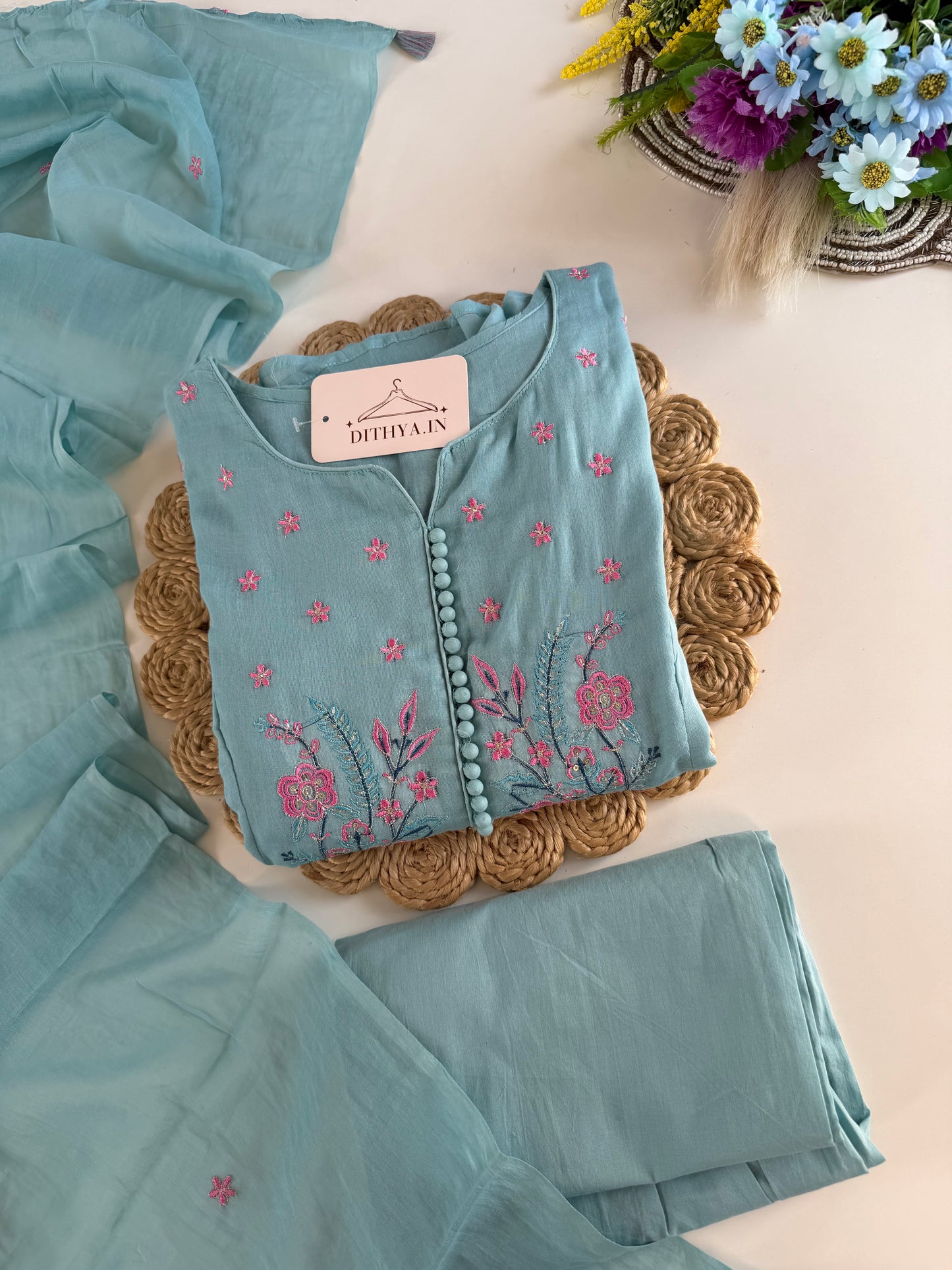 K598 - Cotton embroidered anarkali with pants and dupatta