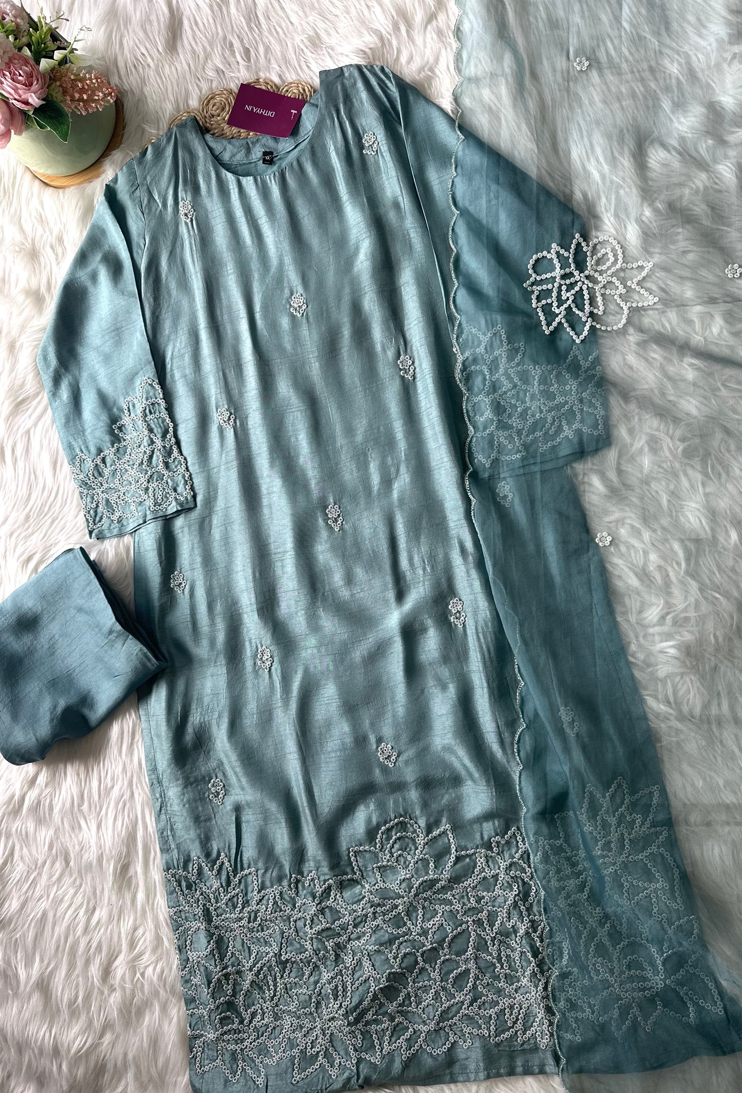 K241-Russian silk pearl handwork kurti with pants and dupatta