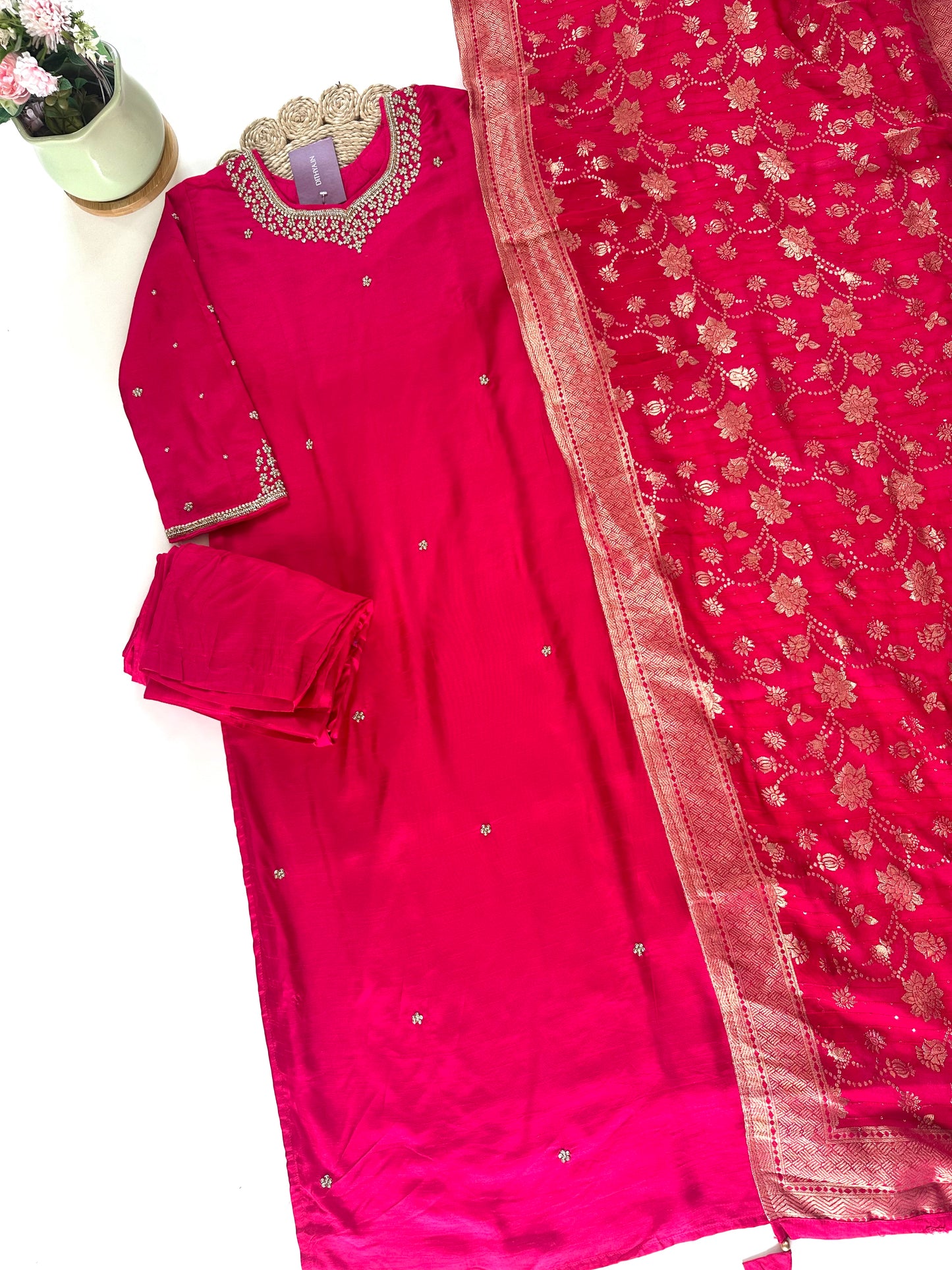 K165 - Russian silk Handwork straight kurti with pants and Banarasi silk dupatta .