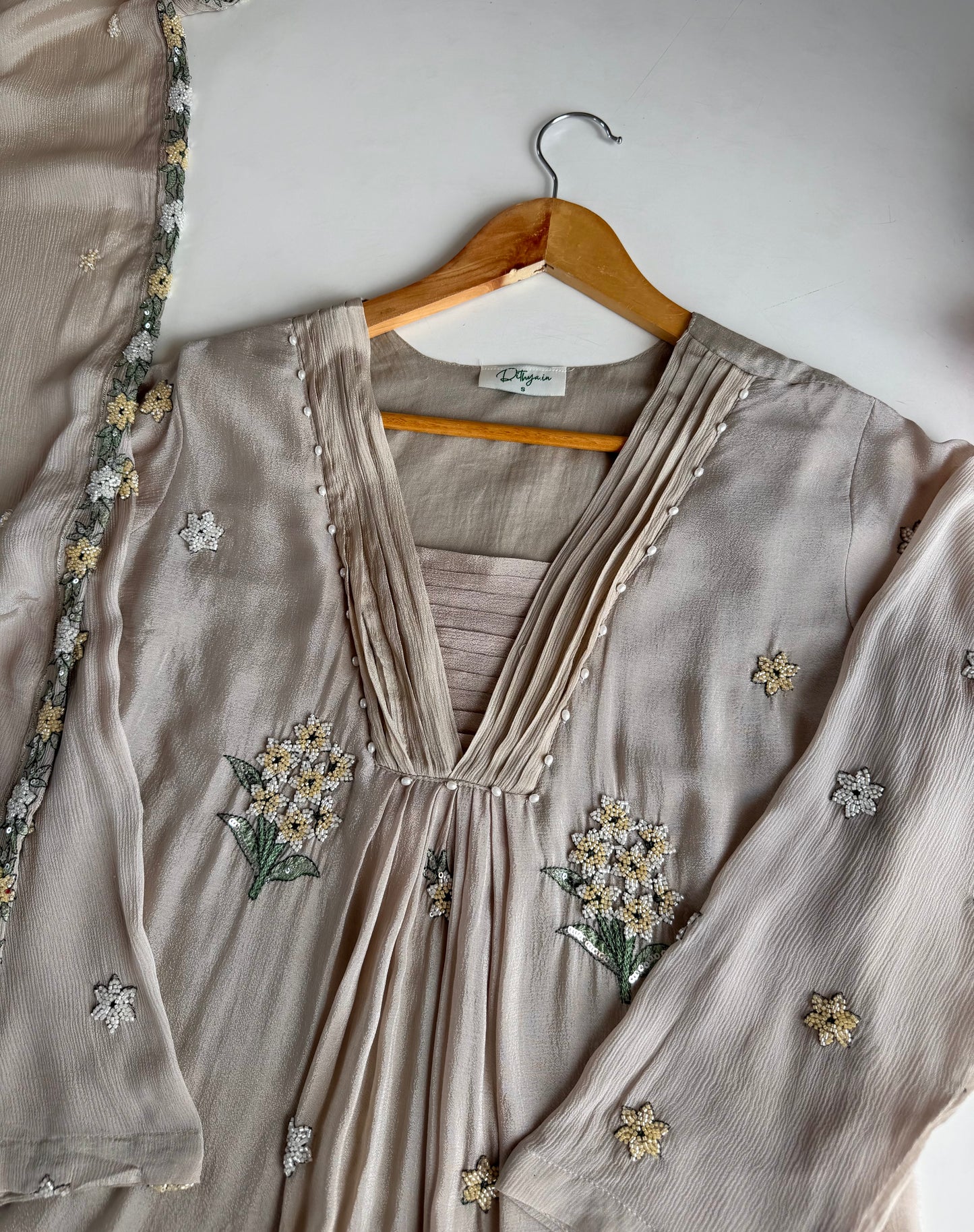 K674 - Pure Chinnon handwork aline Kurti with pants and dupatta