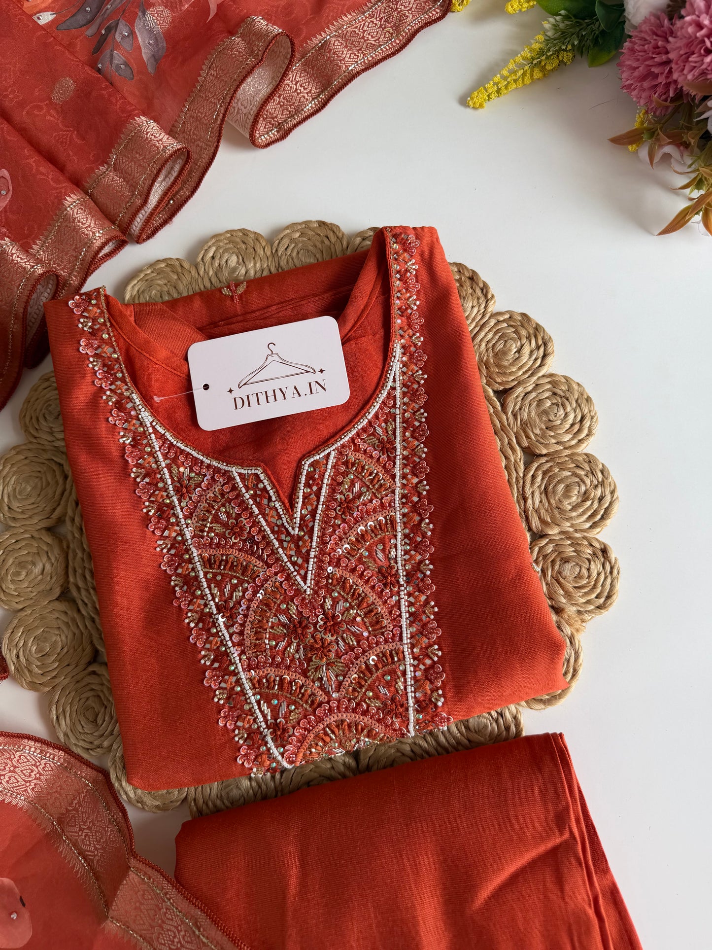 K060 - Roman silk handwork straight Kurti with pants and dupatta