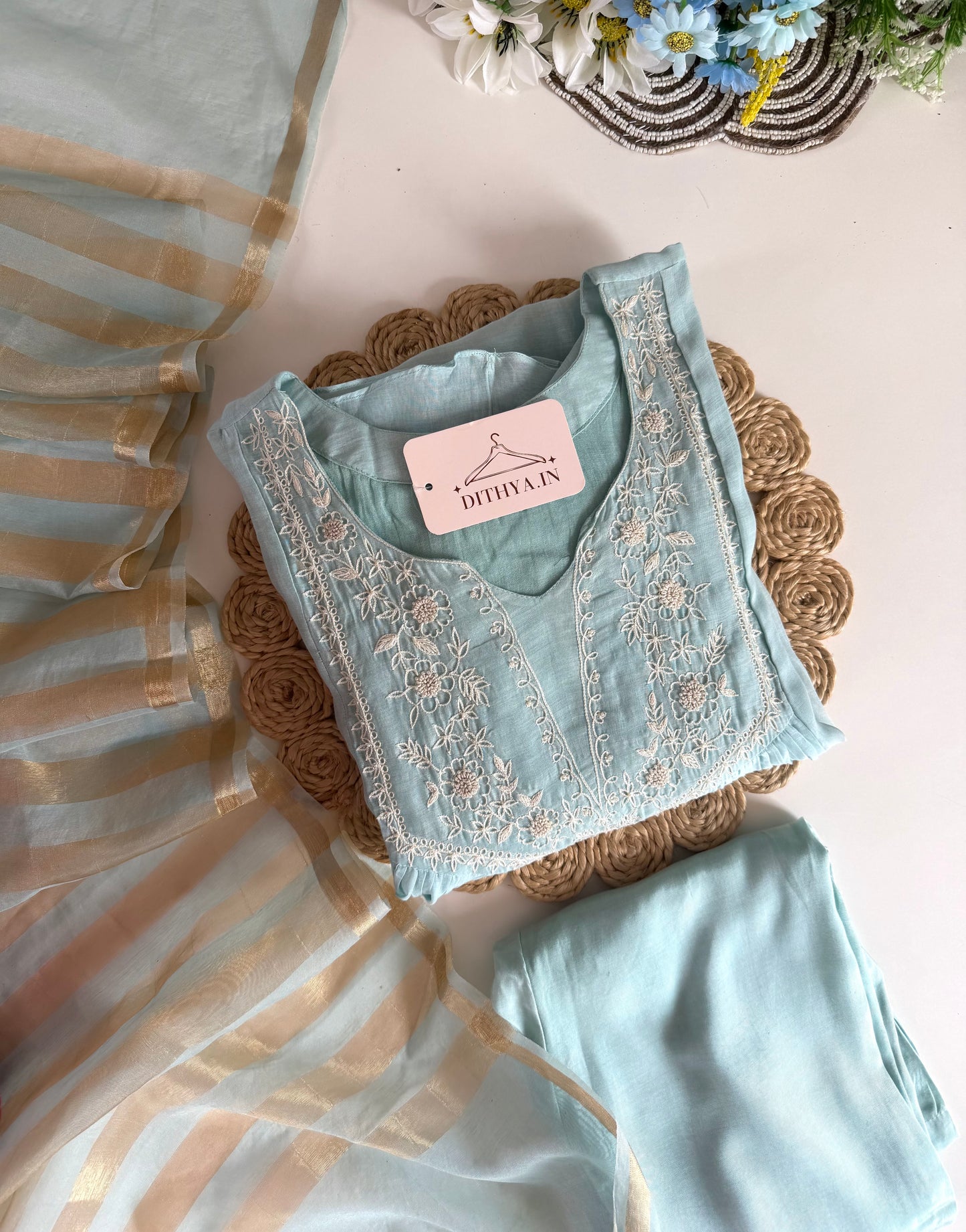 K638 - Mul chanderi embroidered Anarkali with pants and dupatta