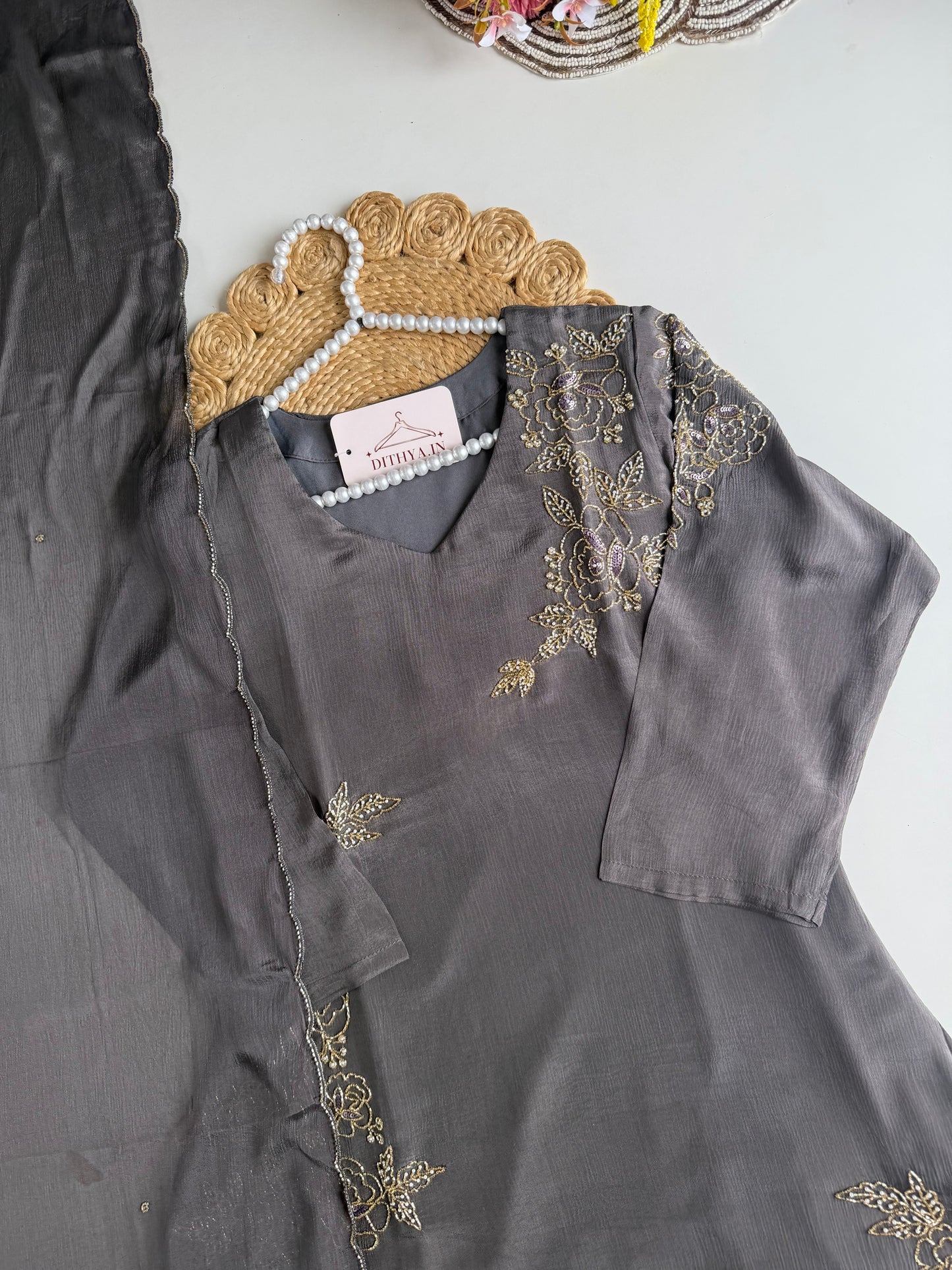 K114 - Pure Chinnon handwork aline Kurti with pants and dupatta