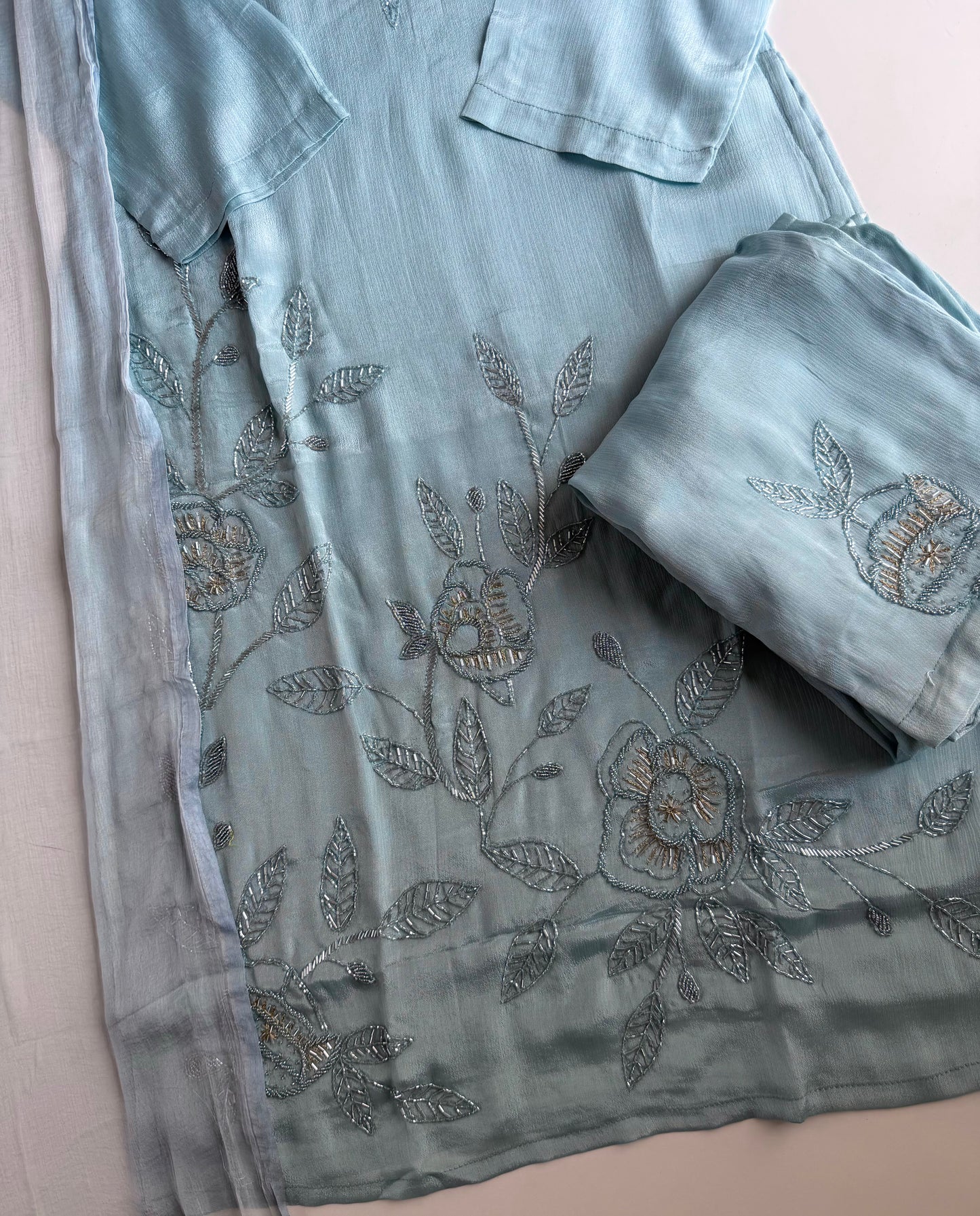 K457 - Pure Chinnon handwork straight Kurti with pants and dupatta