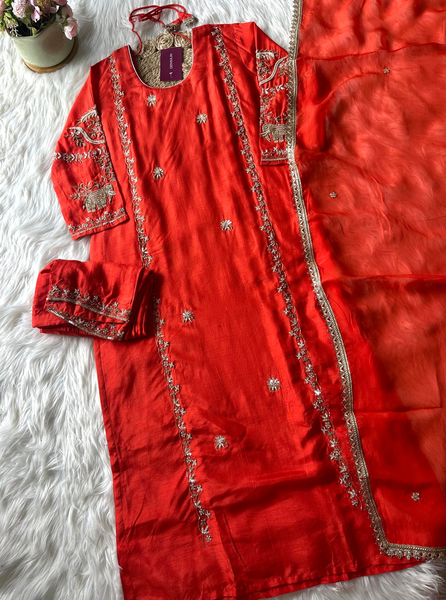 K266 - Russian Silk handwork Straight kurti with pants and dupatta.