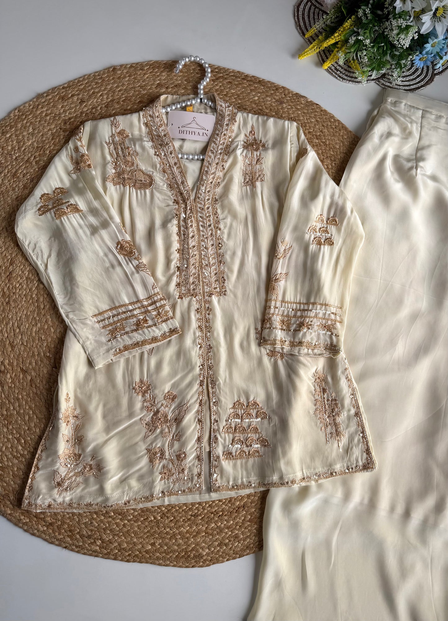 K656 - Pure crape handwork peplum Kurti with divider pants