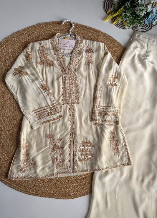 K656 - Pure crape handwork peplum Kurti with divider pants