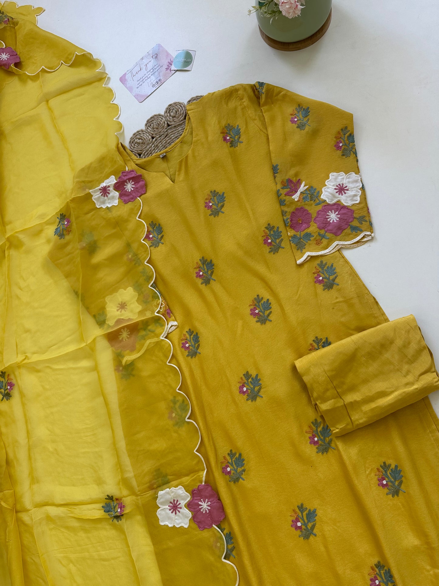 K194 - Russian silk Embroidery work straight kurti with pants and viscose organza dupatta .