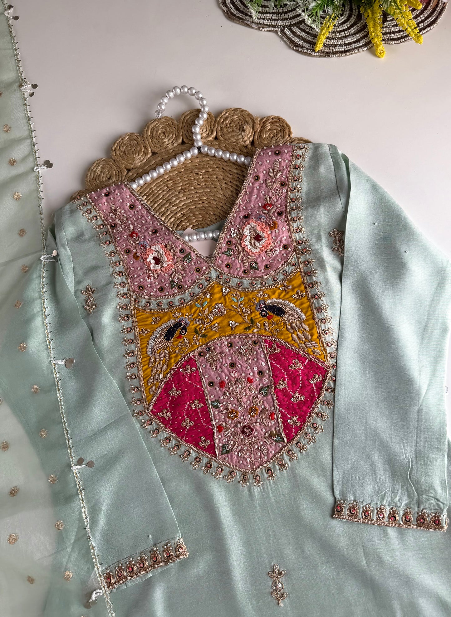 K154 - Russian silk handwork straight Kurti with pants and dupatta